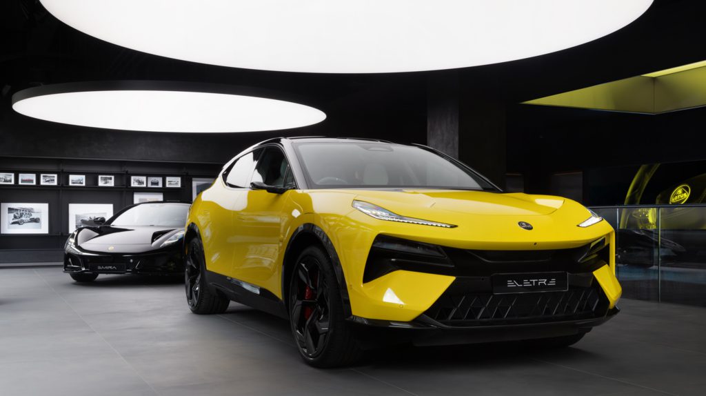 A Lotus Eletre in the foreground with a Lotus Emira in the background at the new Lotus flagship store in Mayfair, London