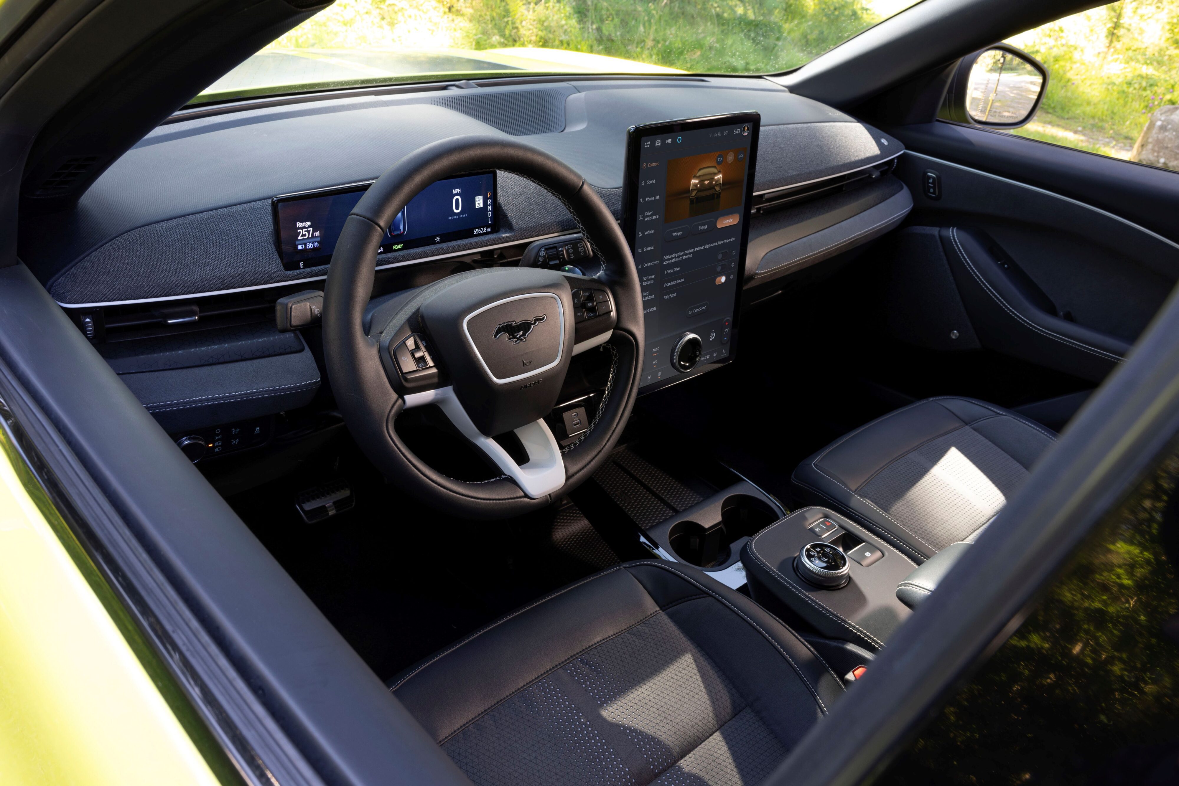 Interior view of a Ford Mustang Mach-E Rally.