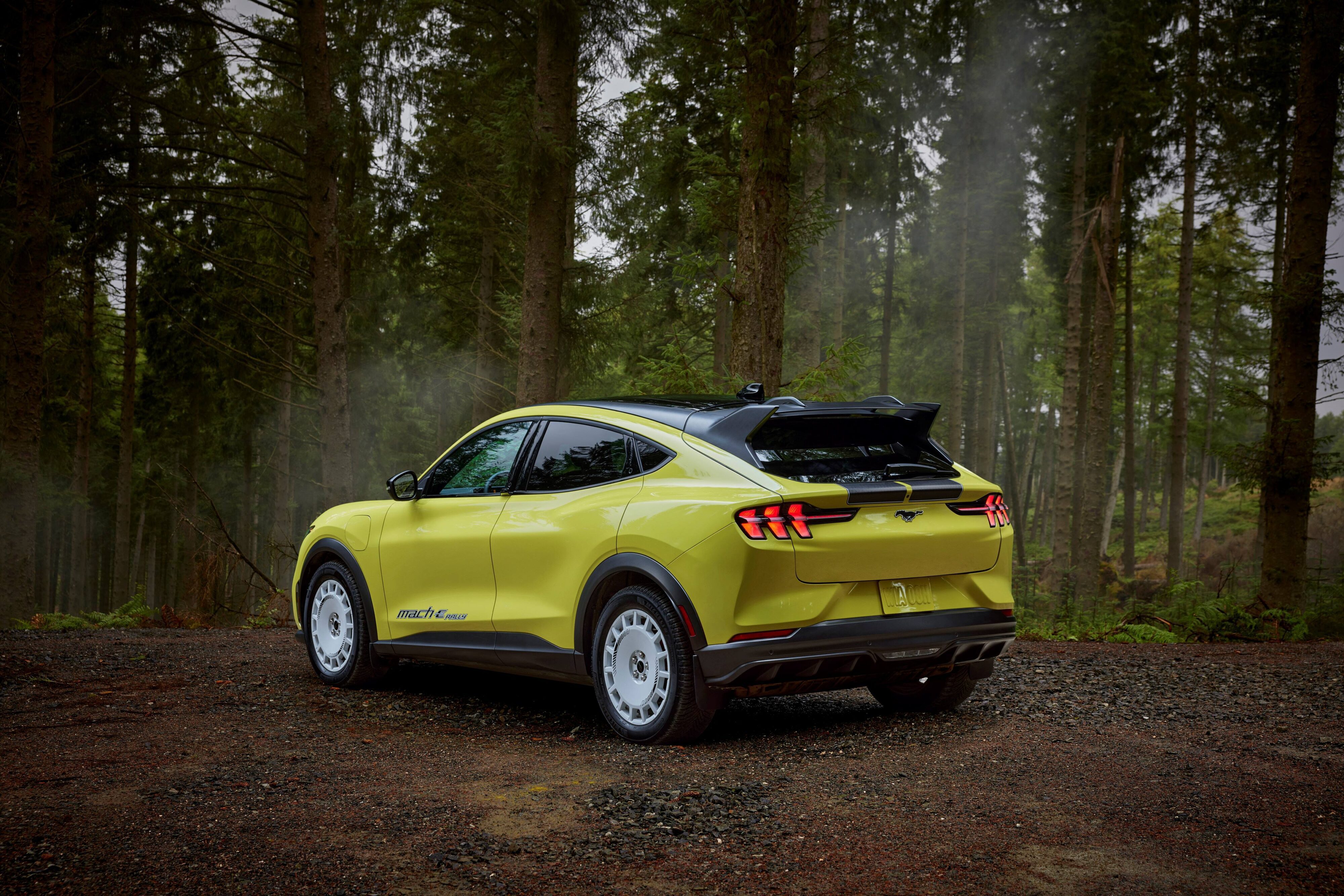Rear three quarters view of a 2023 Ford Mustang Mach-E Rally in Eruption Green with a forest background.