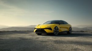 Front three quarters view of the new Lotus Emeya EV