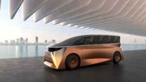 Front three quarters view of a 2023 Nissan Hyper Tourer Concept.