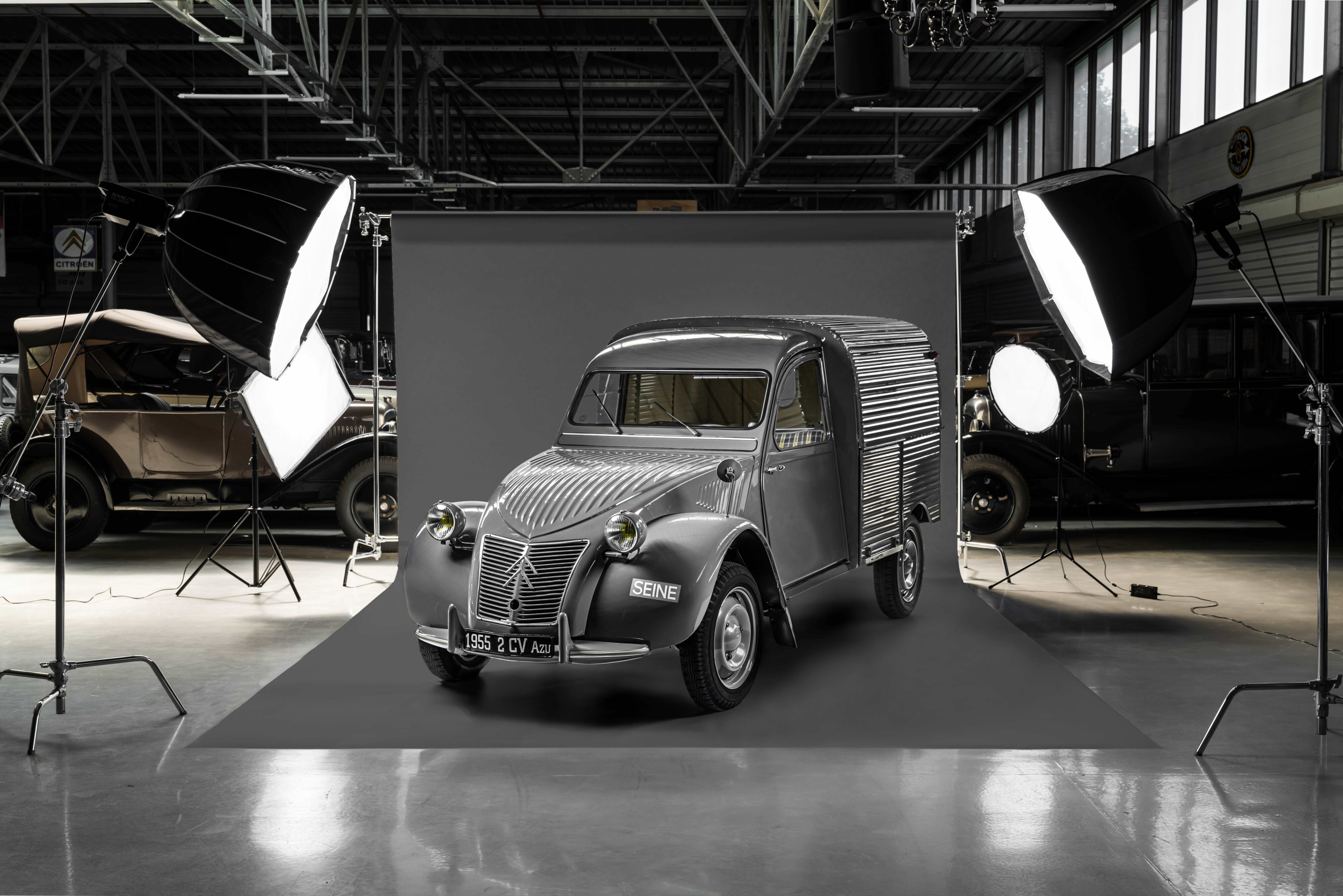 A photo of a Citroen 2CV van shot at the Citroen Conservatoire.