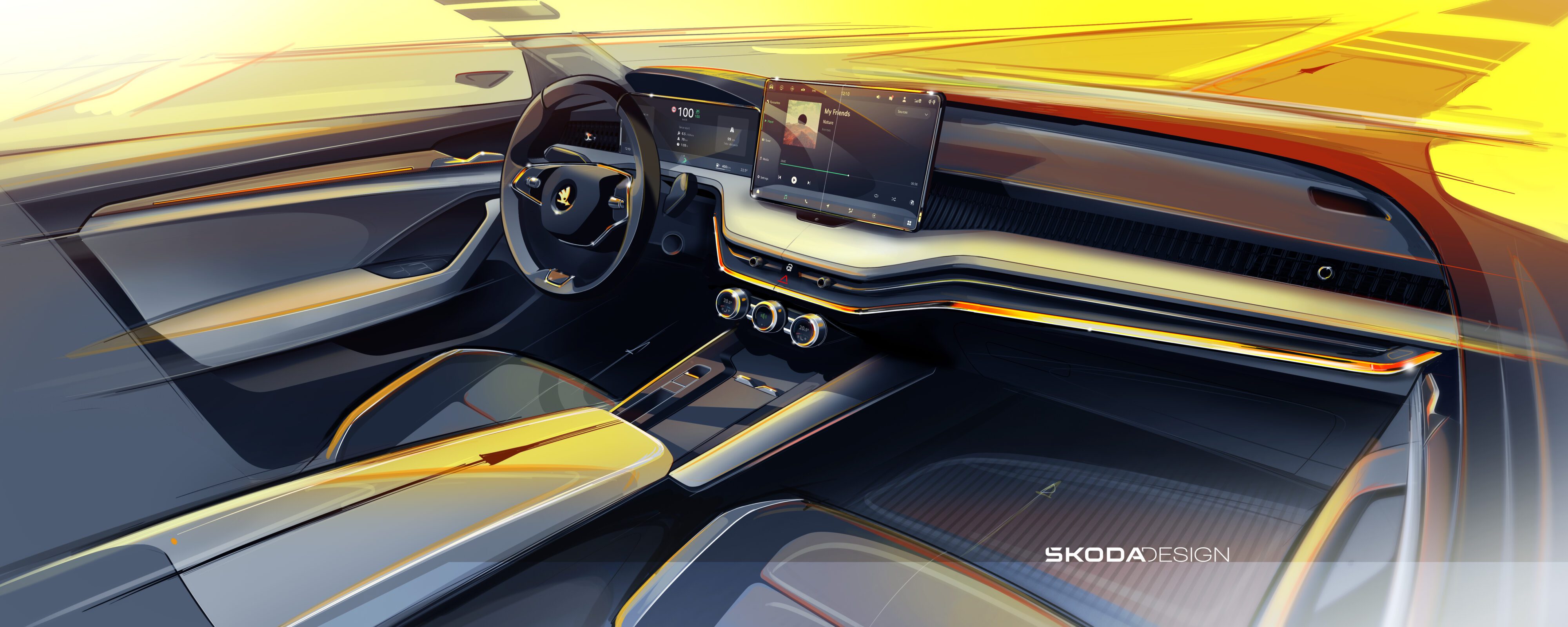 Sketch of the interior of the fourth-generation Skoda Superb.