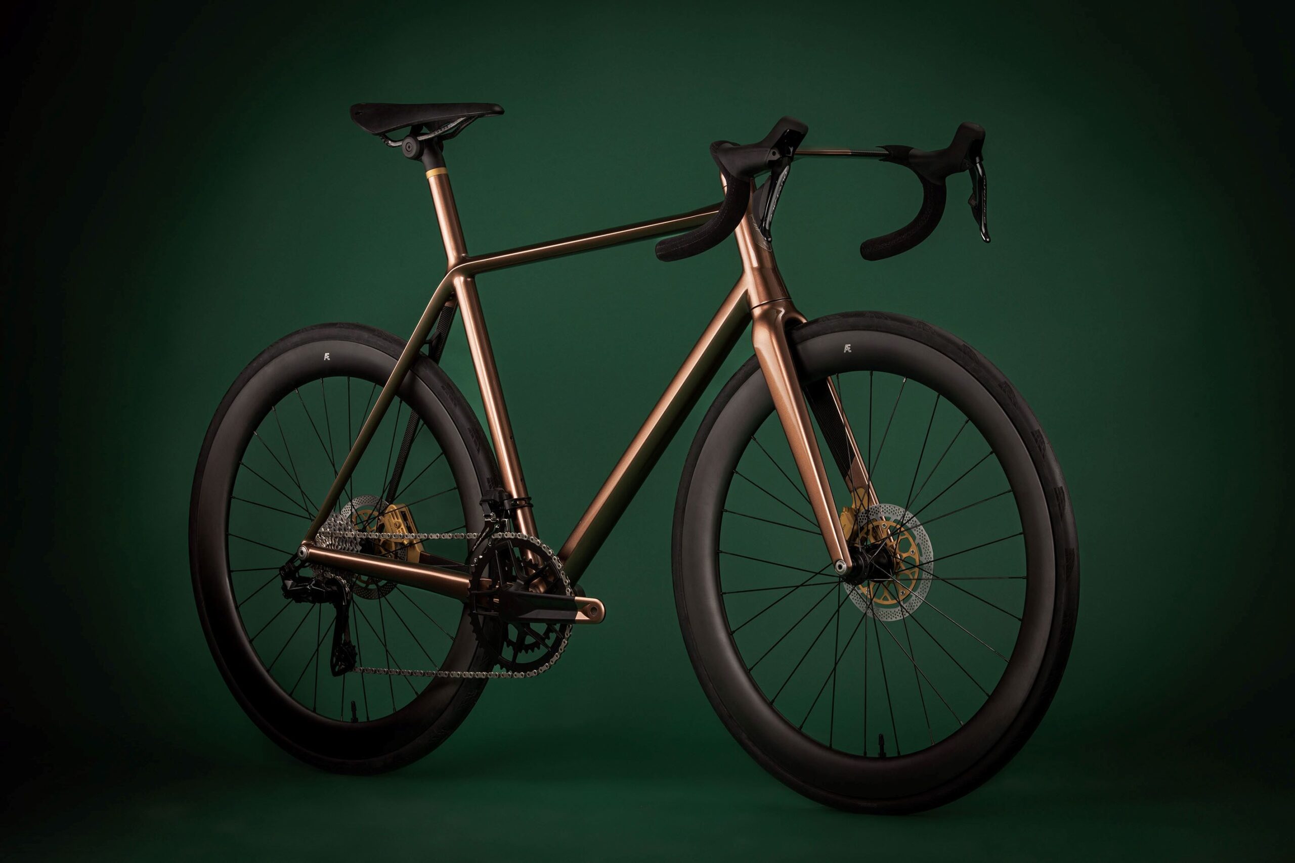 Three quarters view of an Aston Martin Laverack .1R bicycle.