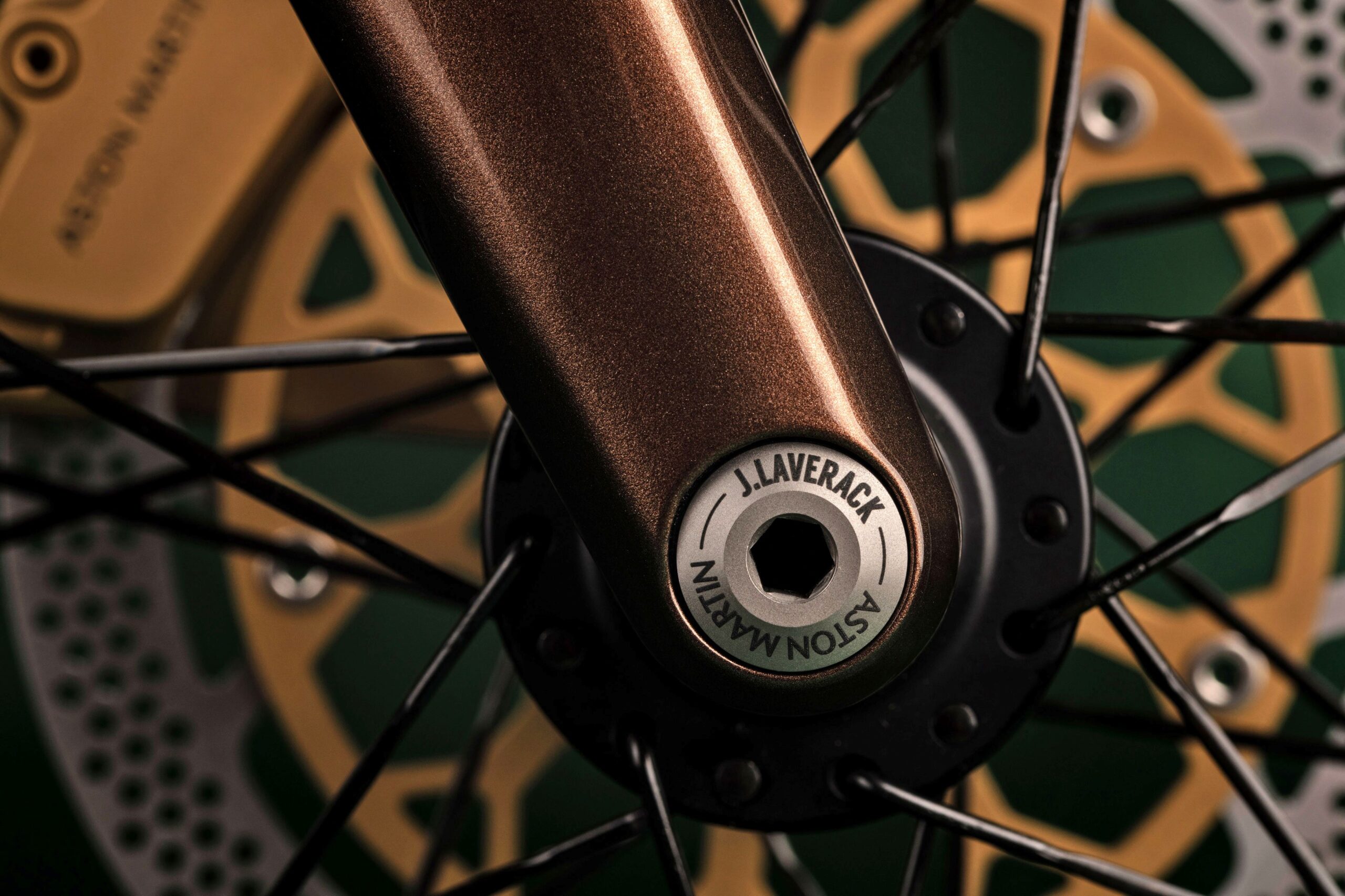 A close-up of the brakes on the Aston Martin Laverack .1R bicycle.