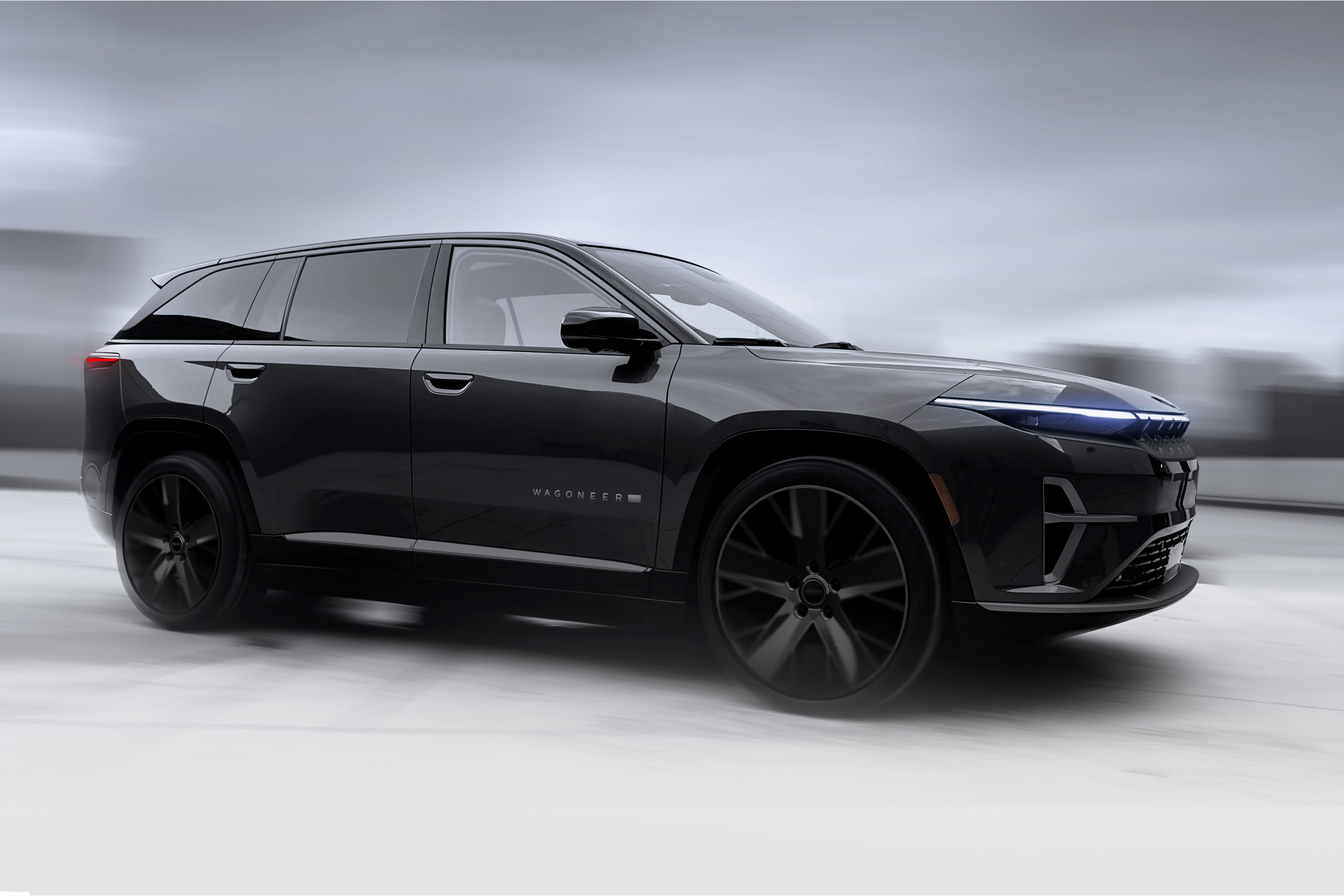Motion shot of the new Jeep Wagoneer S in black.