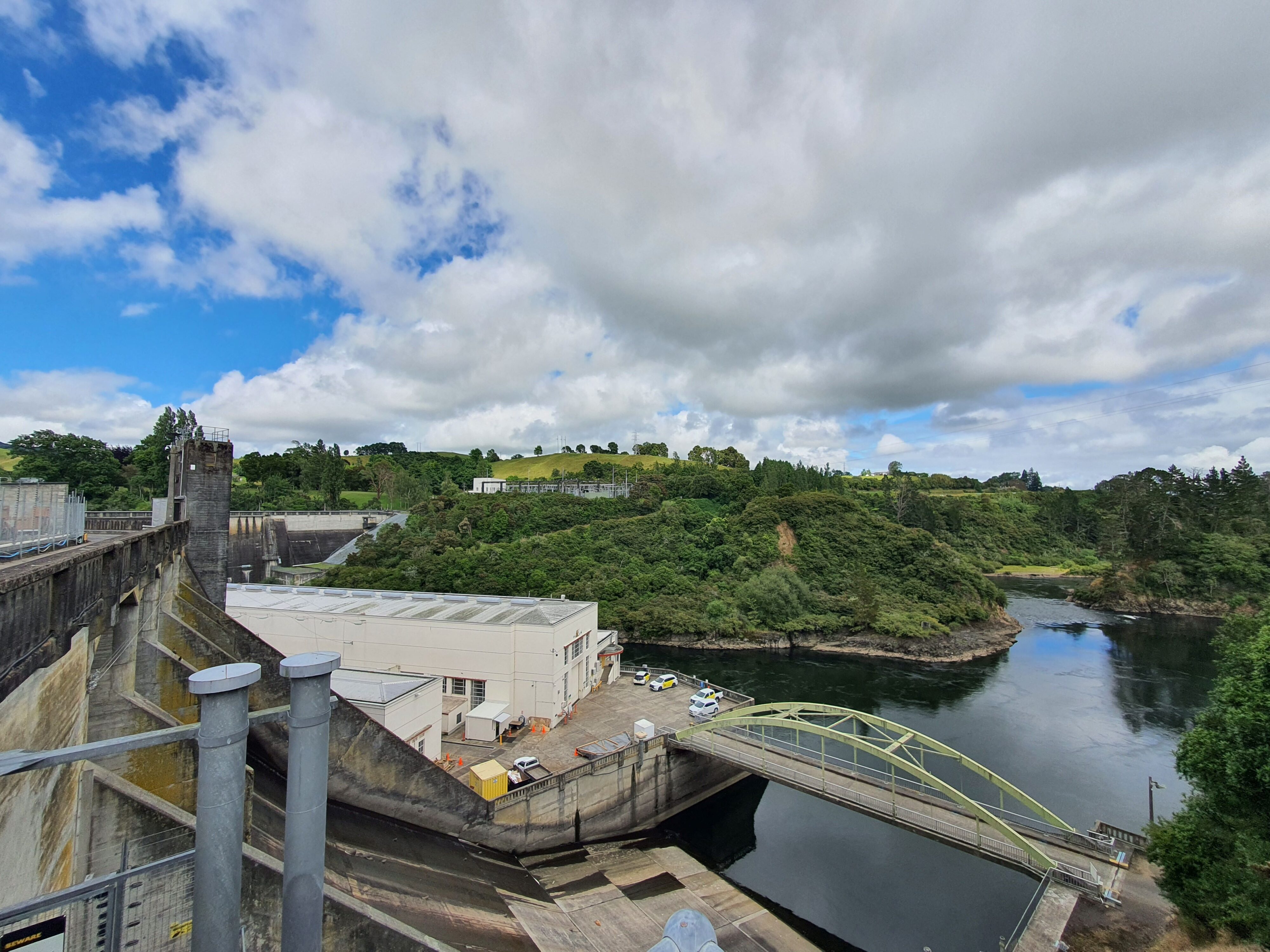 A view of the dam, spillway and forest surrounding Lake Karapairo, Cambridge, Waikato, New Zealand.
