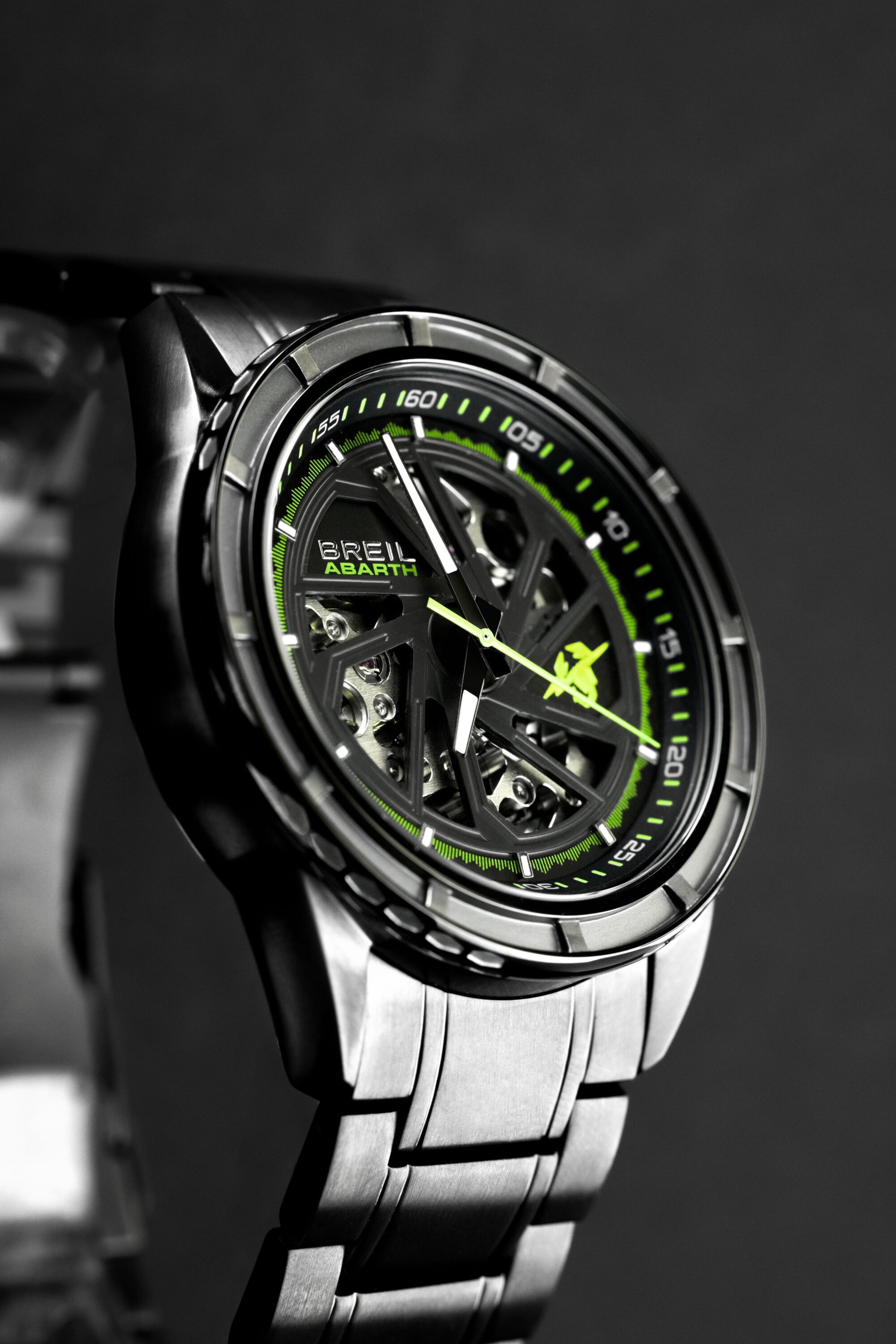 Close-up of the face of the Abarth 500e watch by Breil.