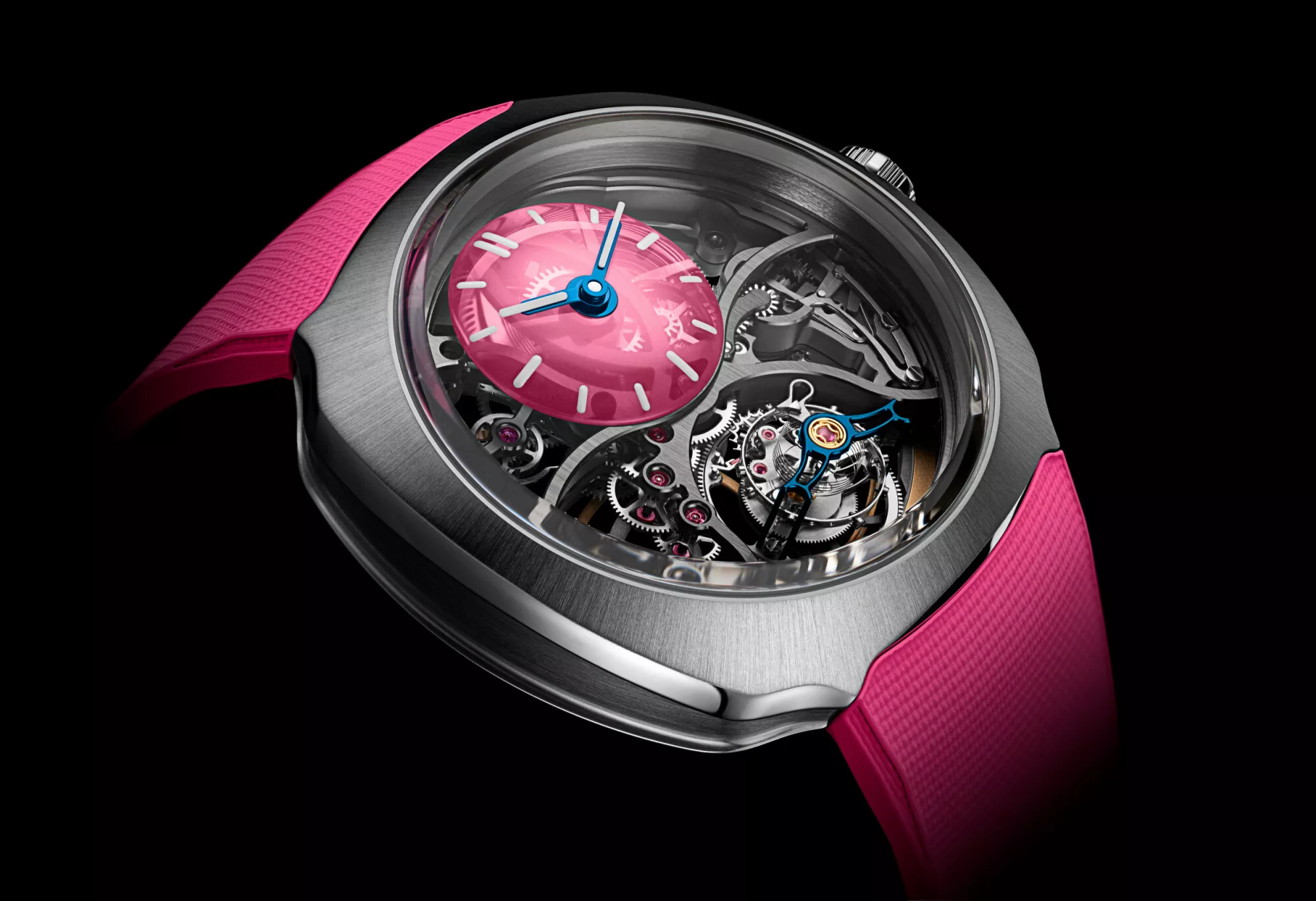 A close-up view of the M.Moser & Cie Alpine Pink Tourbillon.