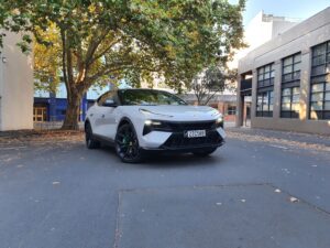 Front three quarters view of a 2024 Lotus Eletre R in Kaimu Grey.