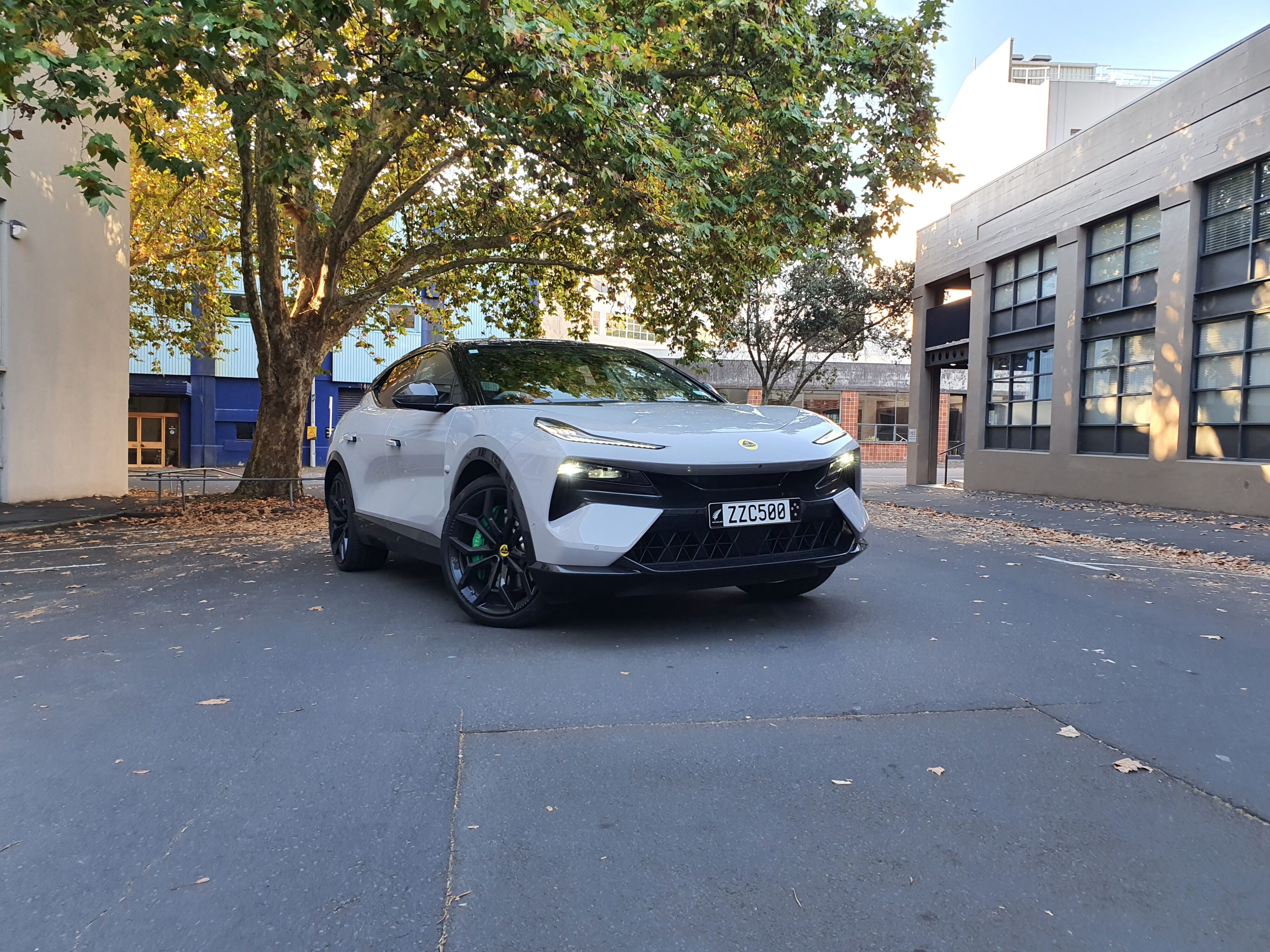 Front three quarters view of a 2024 Lotus Eletre R in Kaimu Grey.