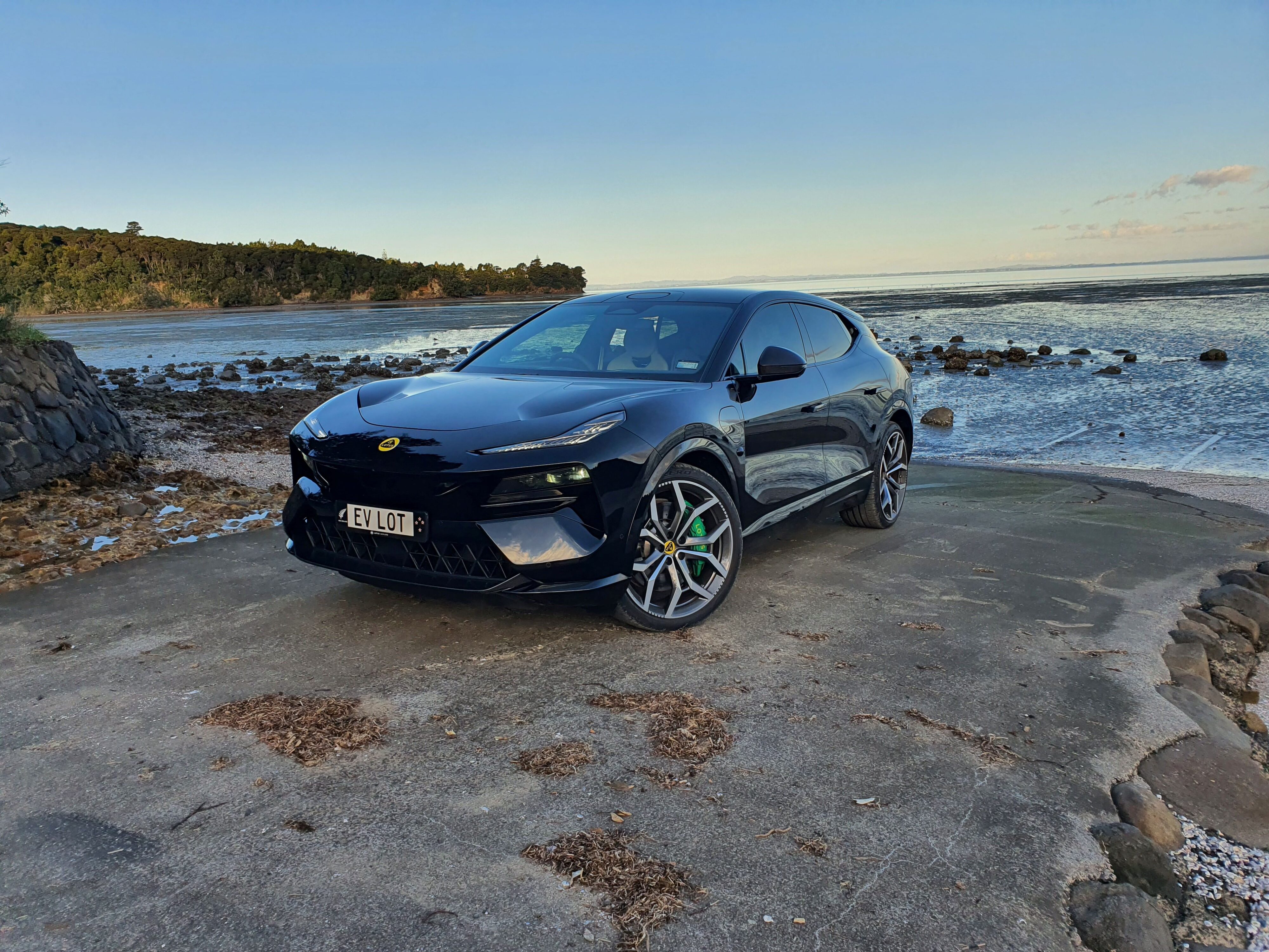 Front three quarters view of a Lotus Eletre S in Black.