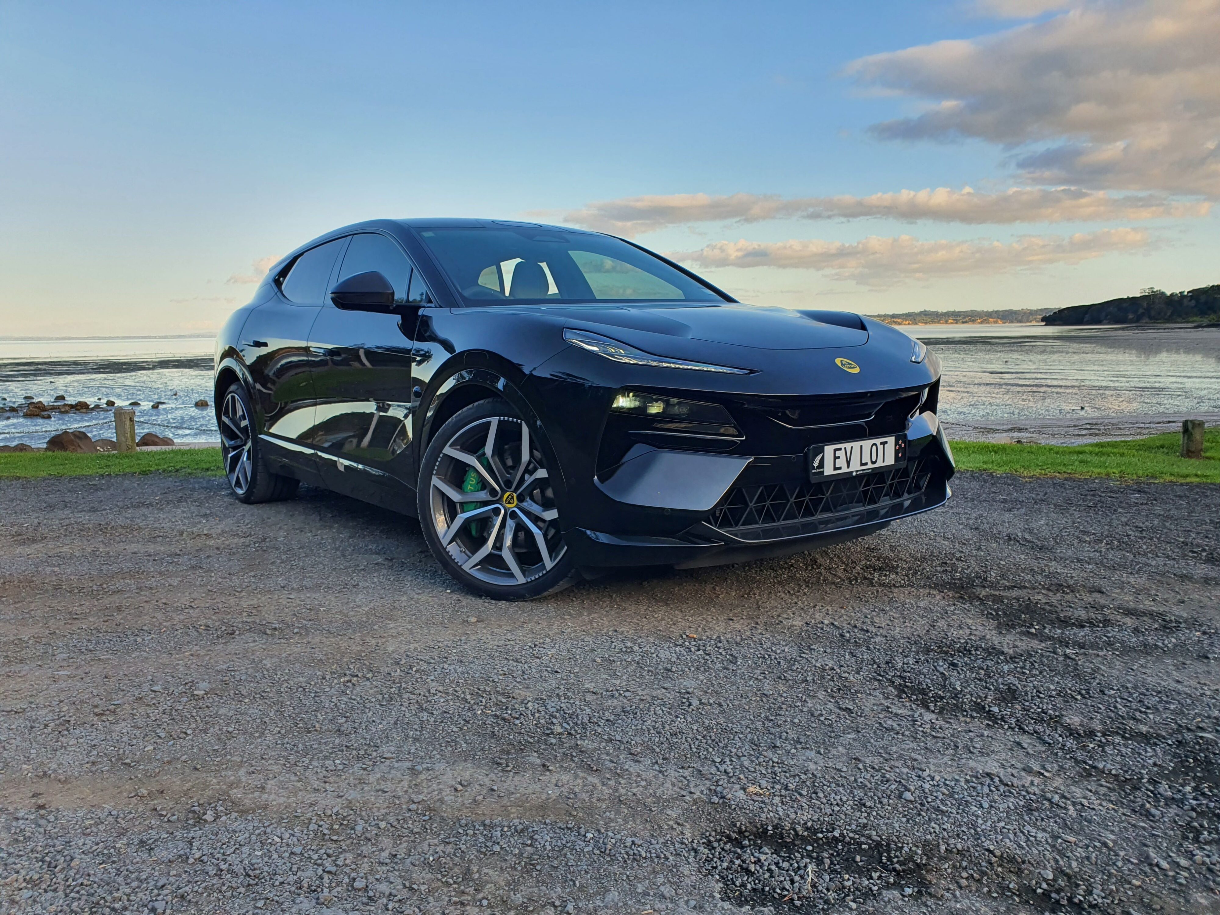 Front three quarters view of a 2024 Lotus Eletre S in black.