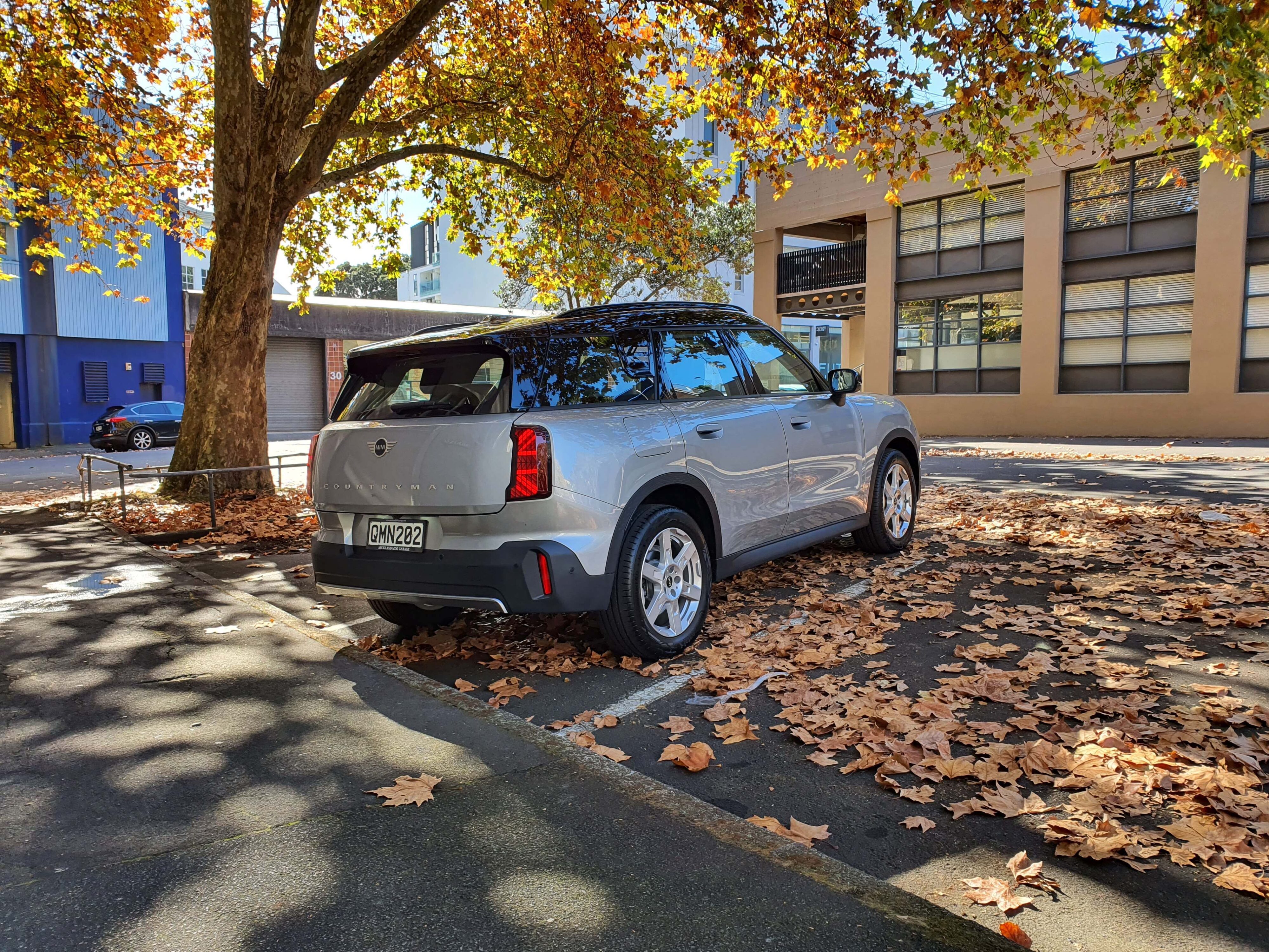 Rear three quarters view of a 2024 Mini C Classic in Silver underneath a maple tree.