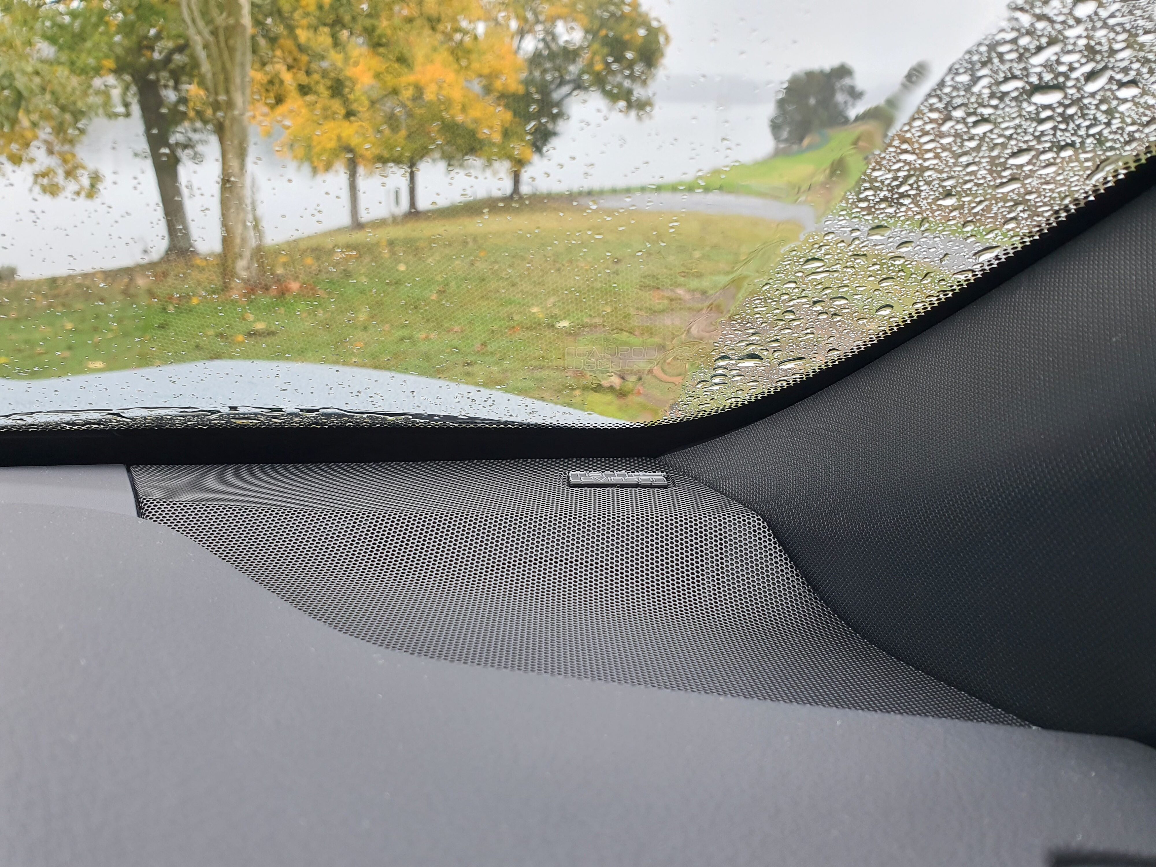 A speaker and badge depicting the Mark Levinson audio badge on the interior of a 2024 Lexus LBX Relax AWD in Concrete Grey.