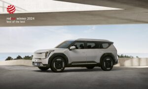 Promotional photo of the KIA EV9 winning the Red Dot 'Best of the Best' award 2024.