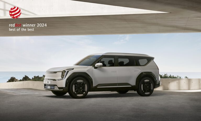 Promotional photo of the KIA EV9 winning the Red Dot 'Best of the Best' award 2024.