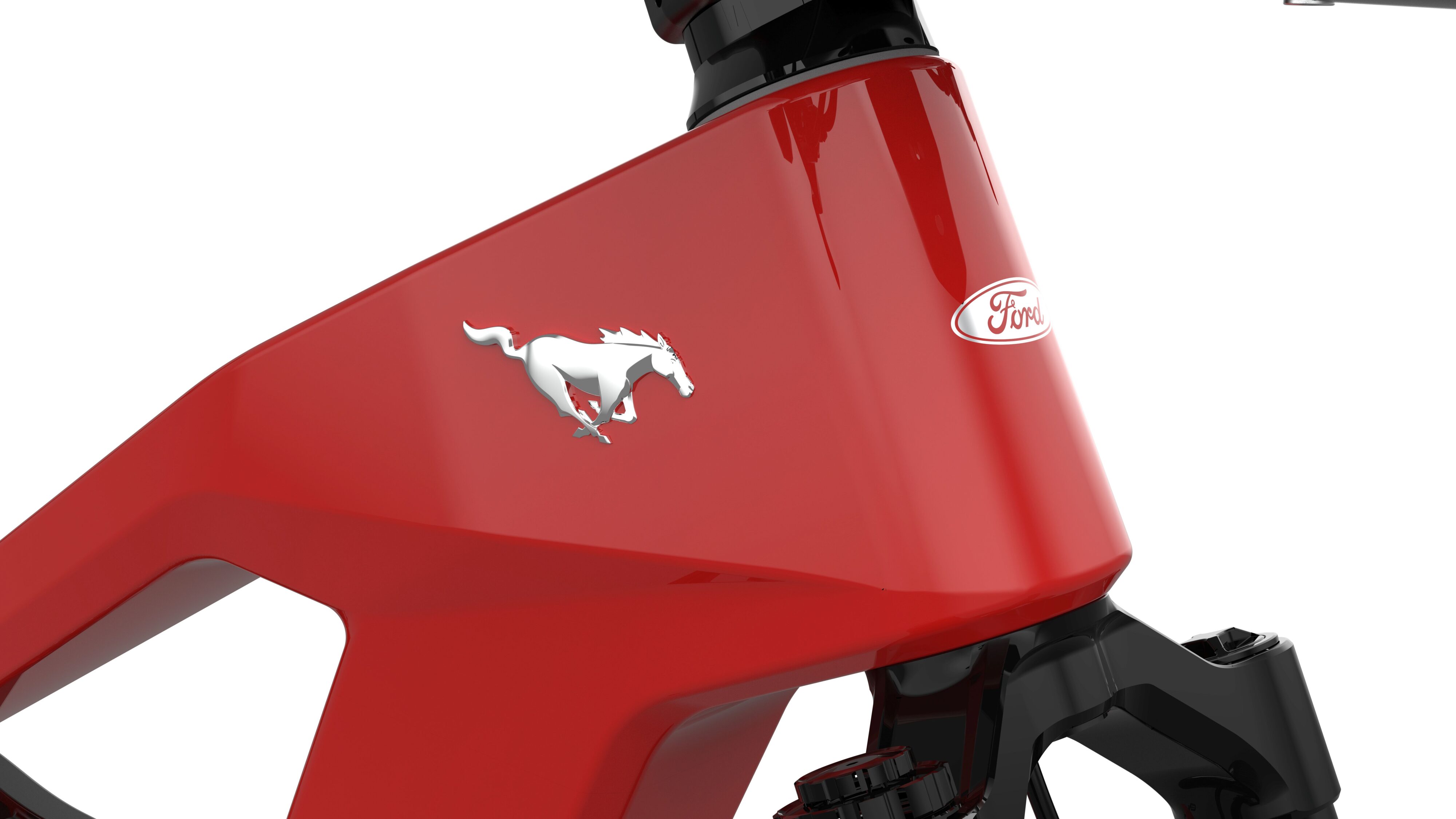 A close-up of the Mustang logo on the Ford N+ Mustang eBike.