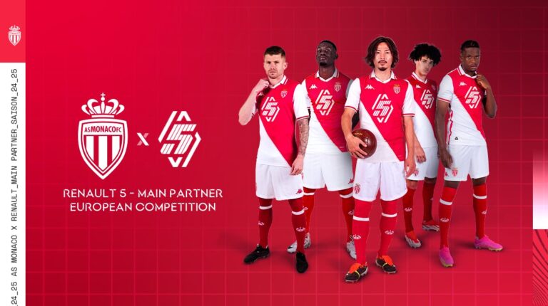 AS Monaco FC players posing in the upcoming season's kit with Renault R5 badging on the front of the shirt.