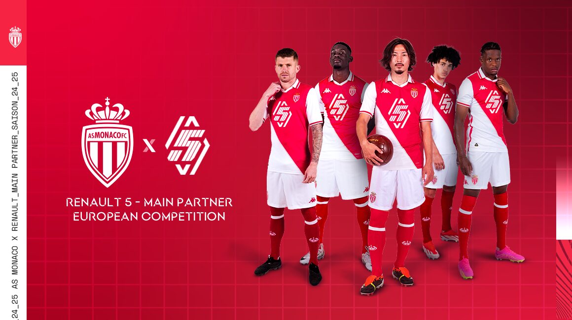 AS Monaco FC players posing in the upcoming season's kit with Renault R5 badging on the front of the shirt.