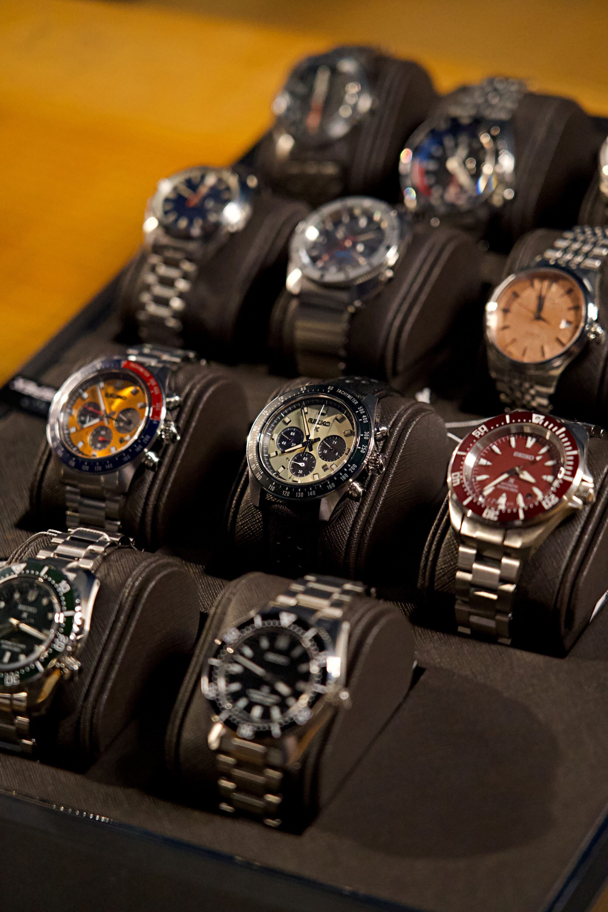 A case of new Seiko watches brought by Liam Sew Hoy from Seiko New Zealand.