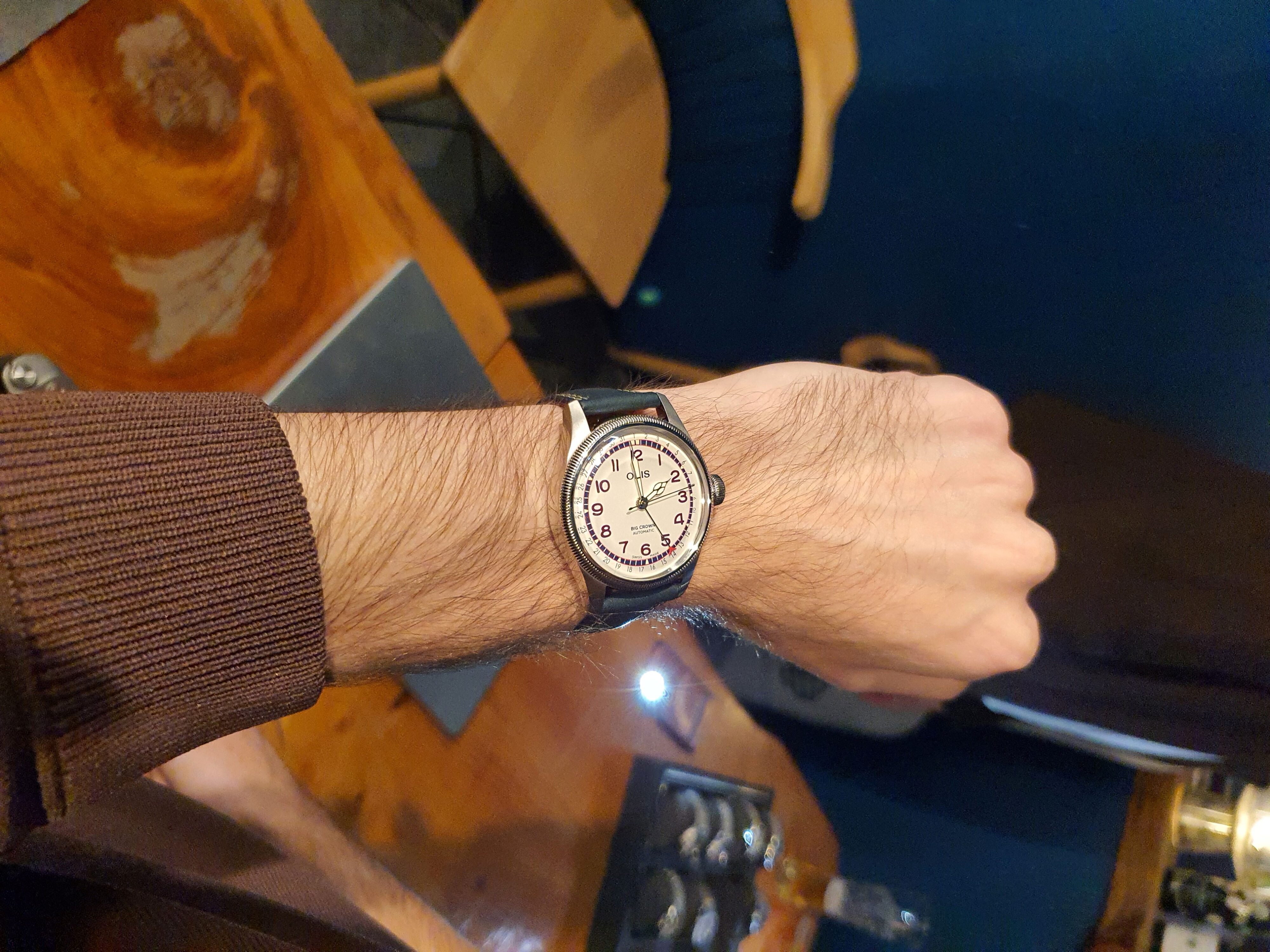 Harry de Souza trying on an Oris Big Crown Hank Aaron Limited Edition.