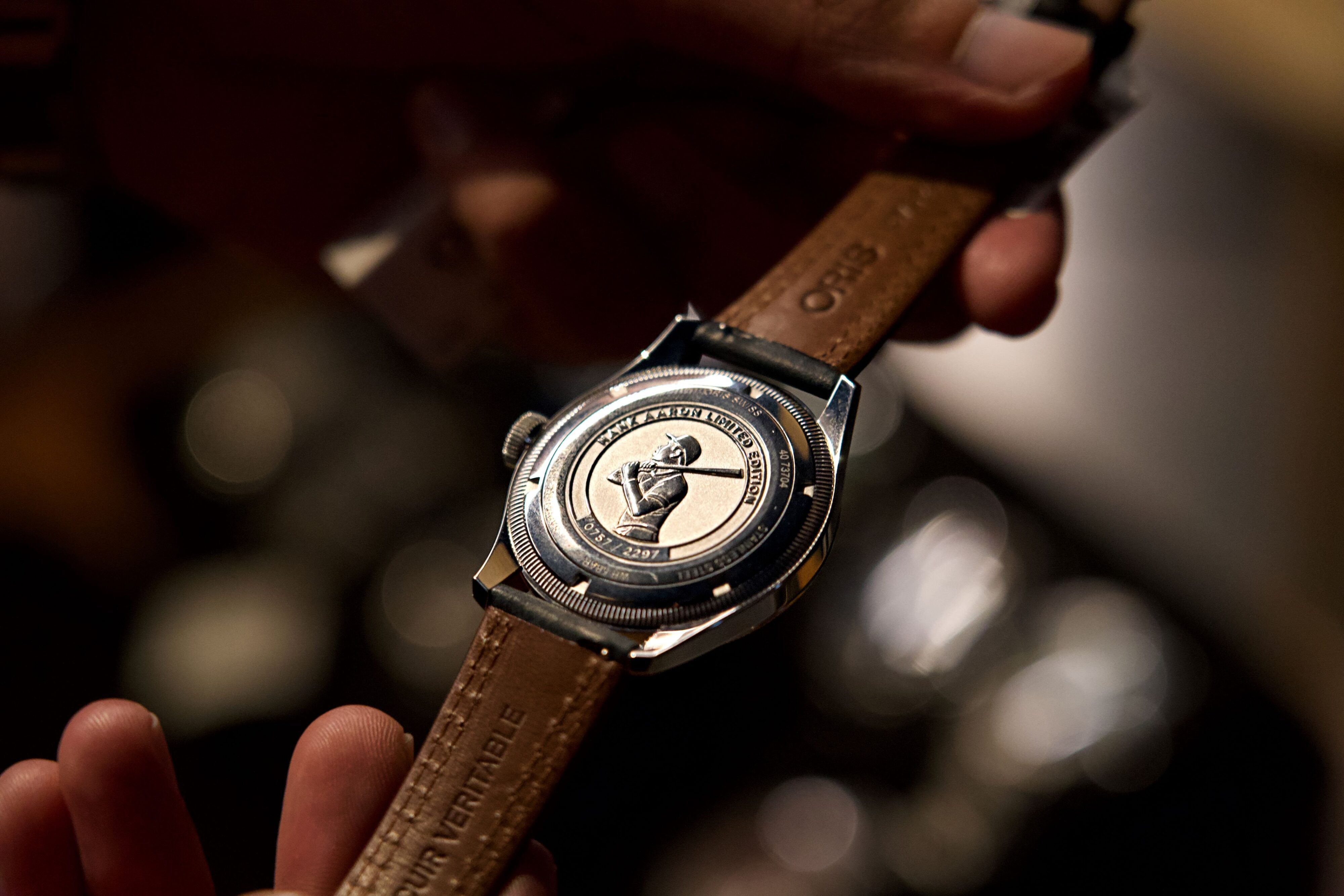 Caseback of an Oris Hank Aaron Limited Edition.