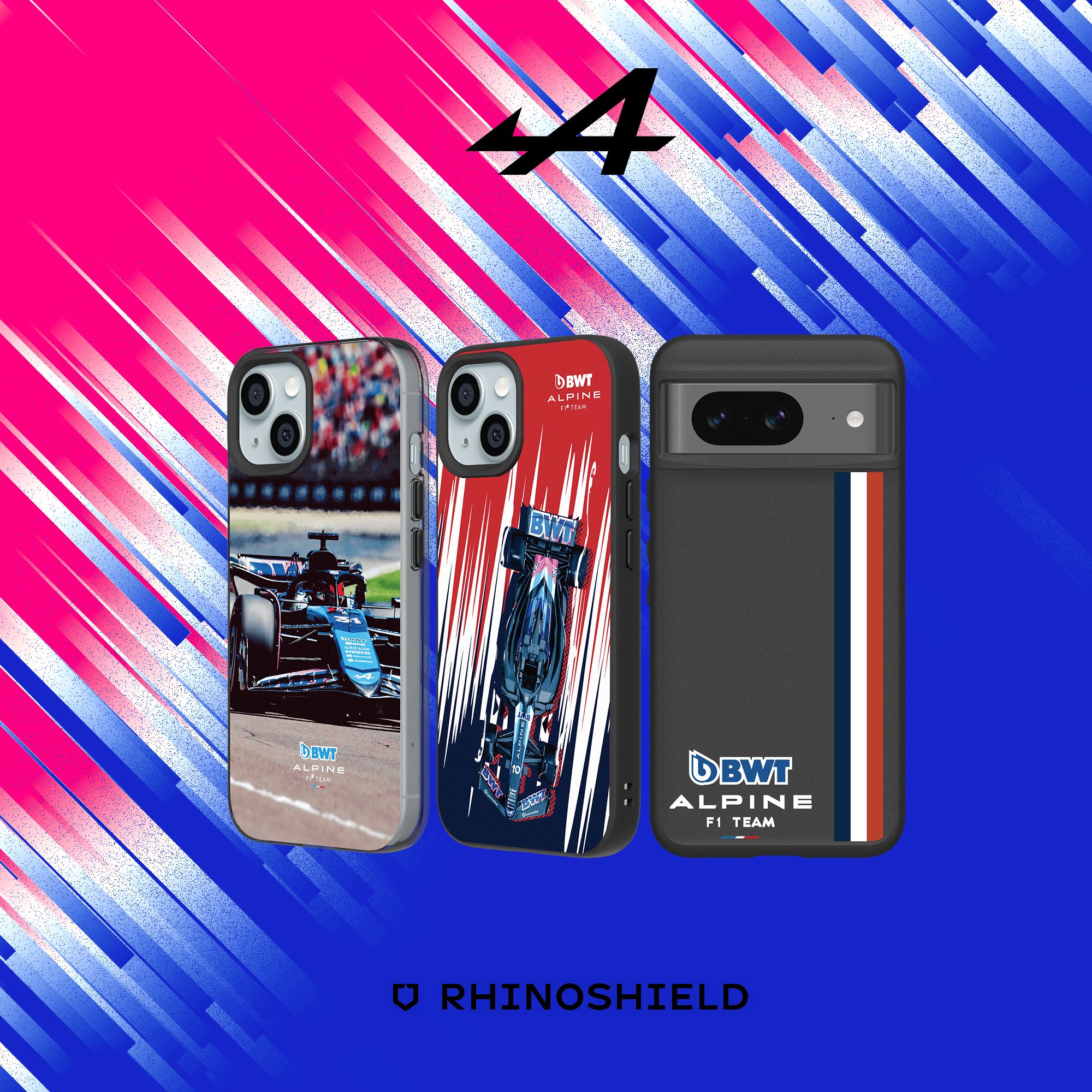 The new range of phone cases from the BWT Alpine F1 Team and Rhinoshield.