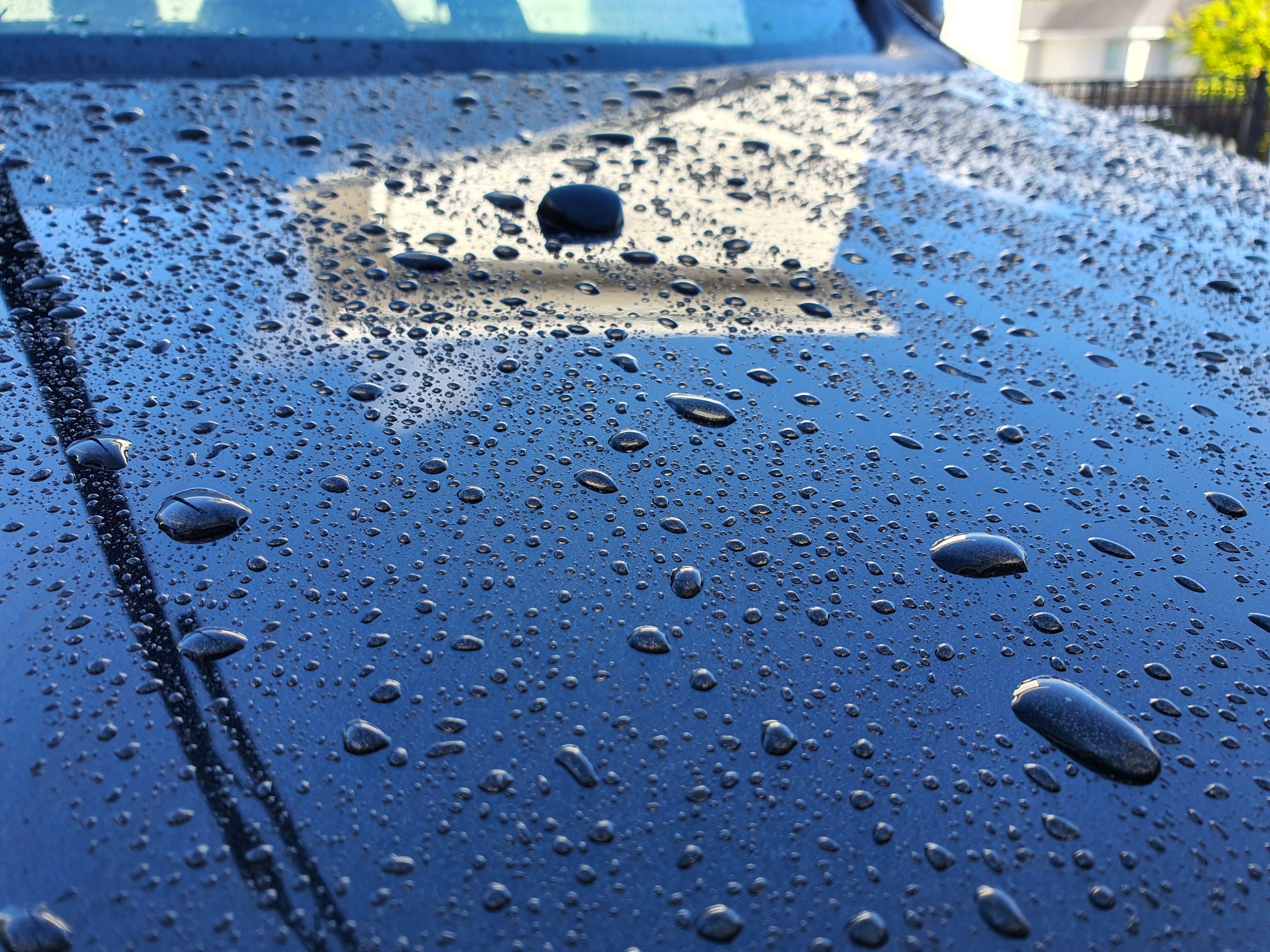 A photo of beading water on the black paintwork of a 2004 Alfa Romeo 147 GTA after washing with Armor All's new Wash & Wax solution.