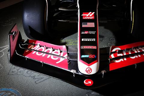 Nose of the MoneyGram Haas F1 Team car showing the Toyota Gazoo Racing sponsorship on the nose.
