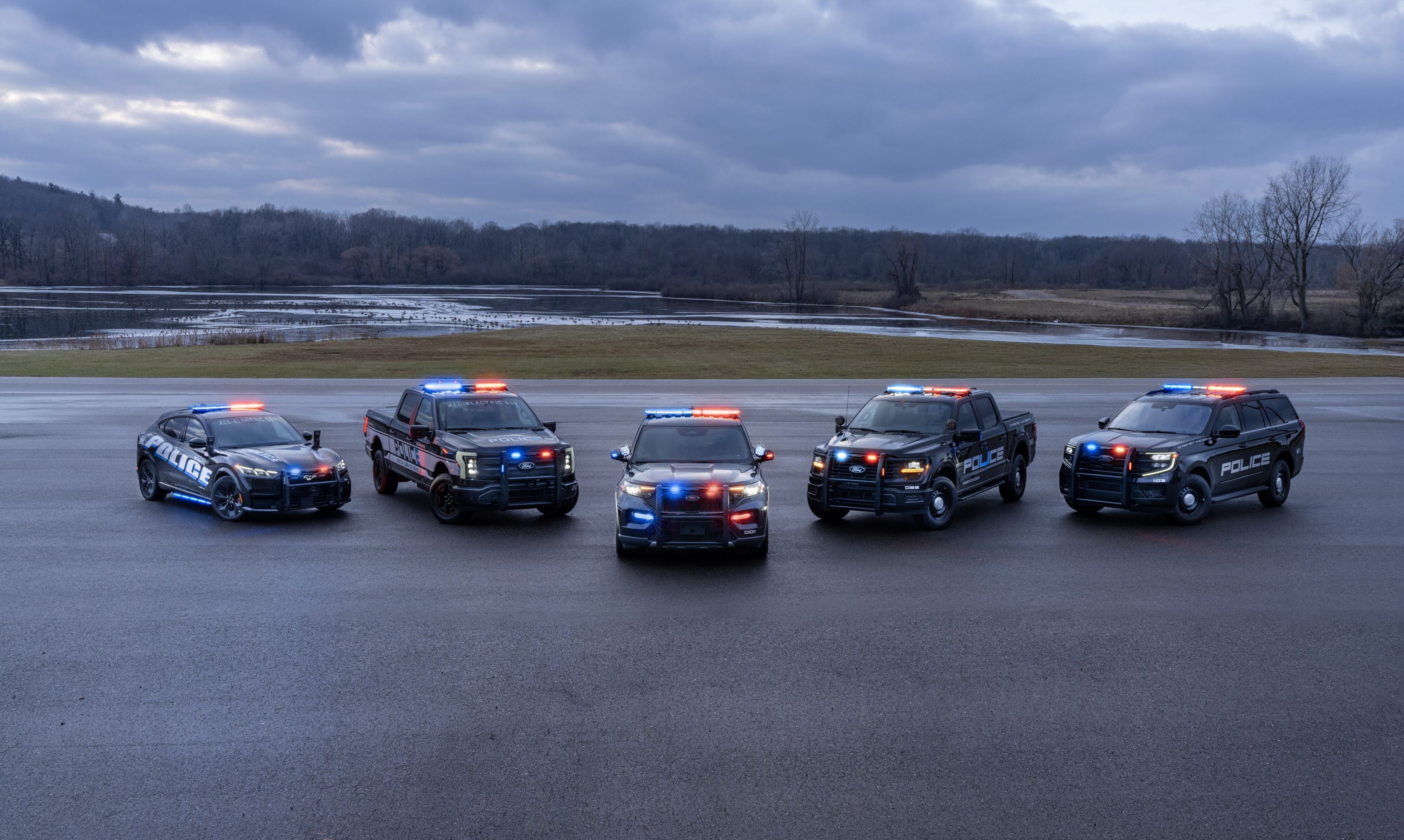 A fleet of Ford USA Police vehicles with blue and red lights on.