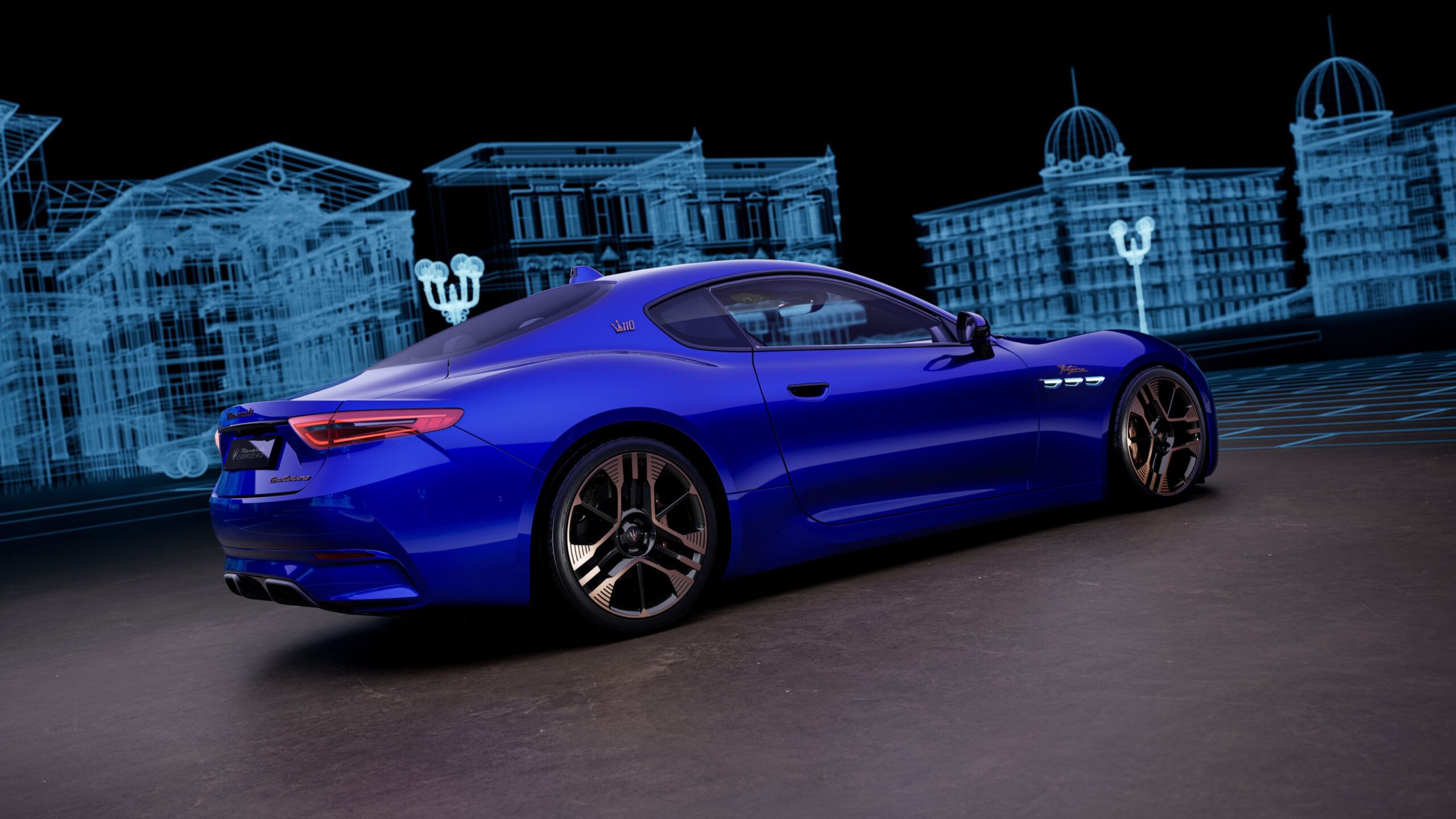 Rear three quarters view of a Maserati GranTurismo Folgore 110 Anniversario.