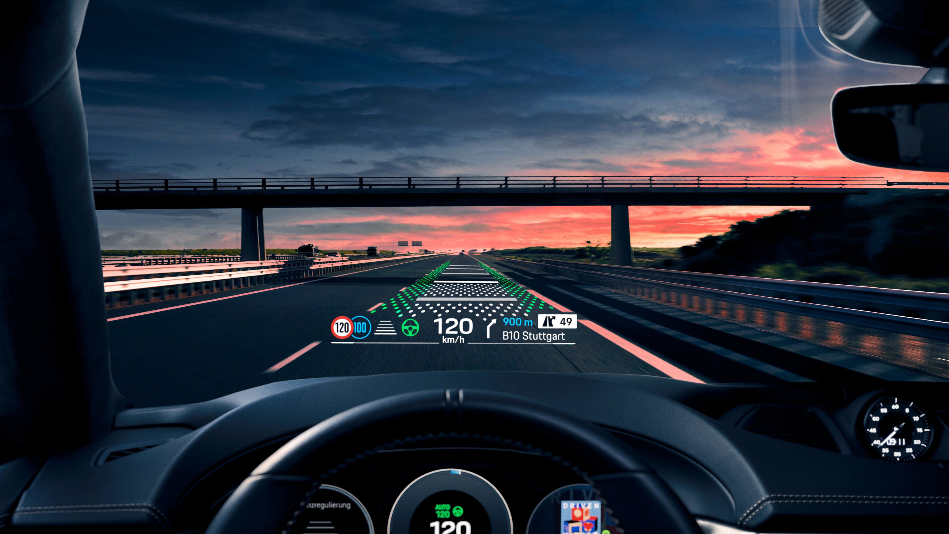A shot of the head up display technology on the new electric Porsche Macan.