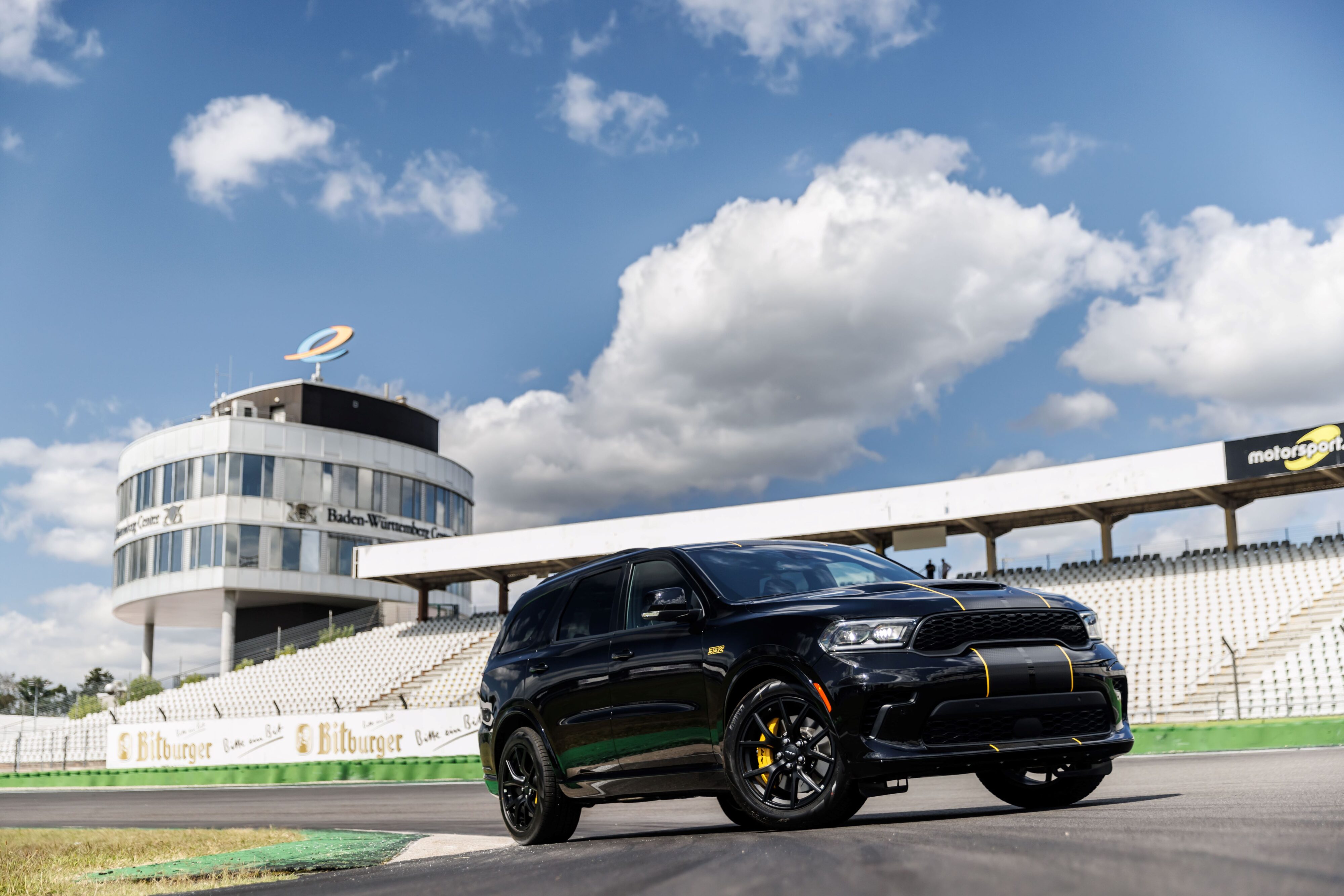 Front three quarters view of a Dodge Durango SRT 392 AlcHEMI at Hockenheimring, Germany.