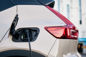 A photo of a Volvo XC40 Recharge plugged in.