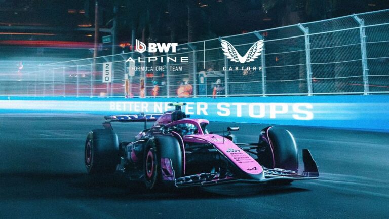 Promotional image announcing the partnership between Castore and the BWT Alpine F1 Team with a racecar in the foreground.
