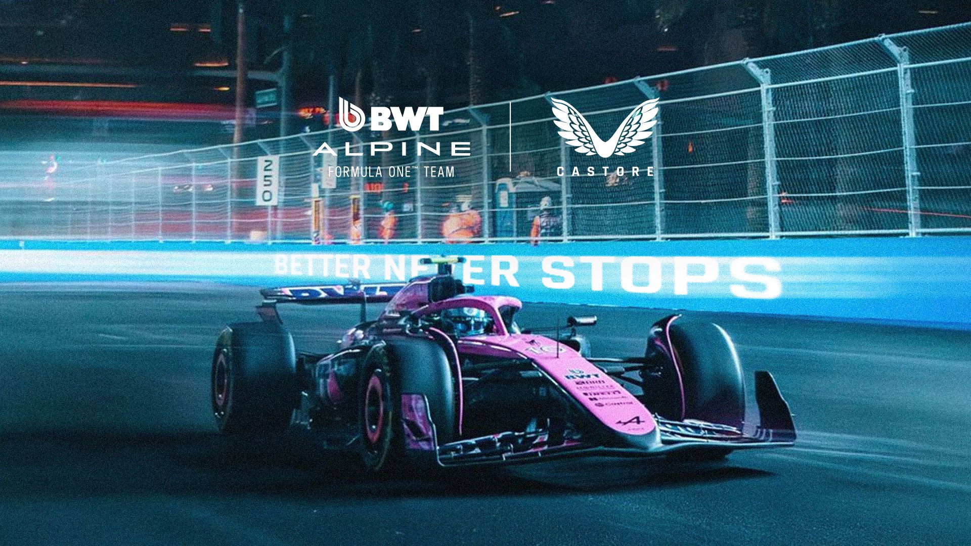Promotional image announcing the partnership between Castore and the BWT Alpine F1 Team with a racecar in the foreground.