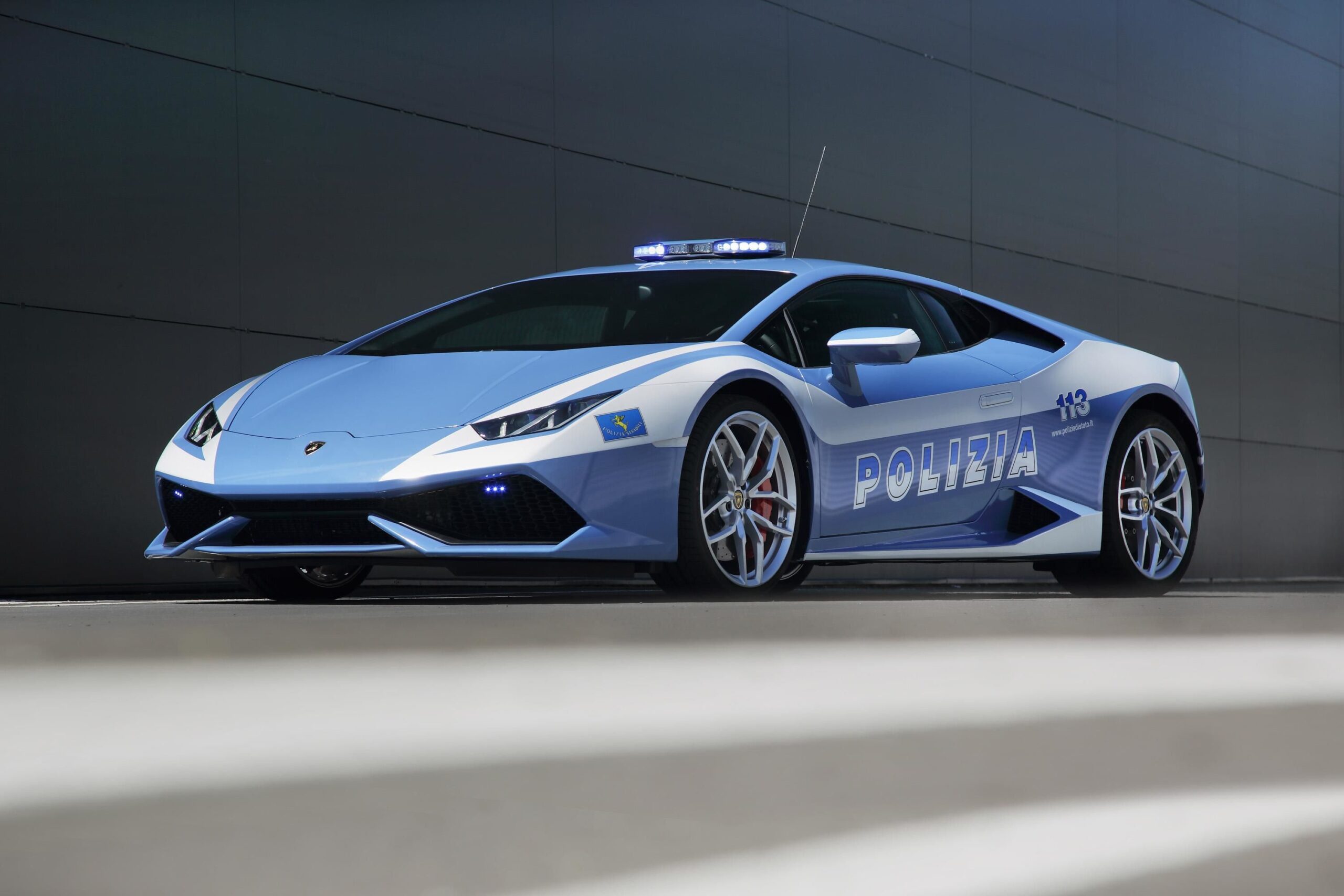 A Lamborghini Huracan in Polizia livery and fitted with police equipment.