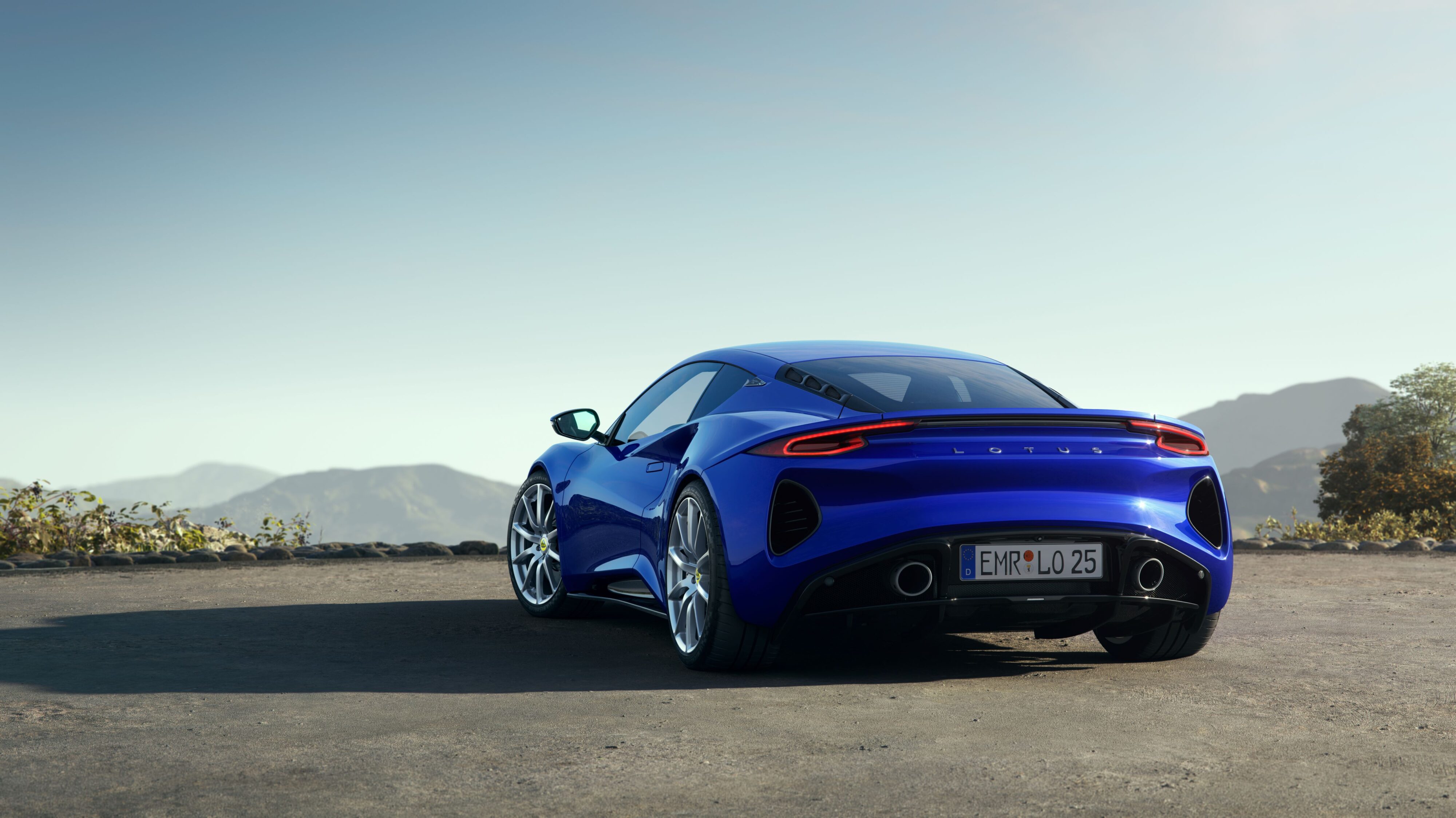 Rear of the MY25 Lotus Emira V6 in Blue..