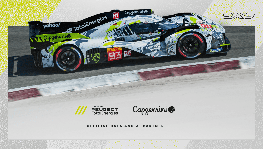 A promotional photo of the Peugeot Sport 9X8 WEC car with Capgemini branding.