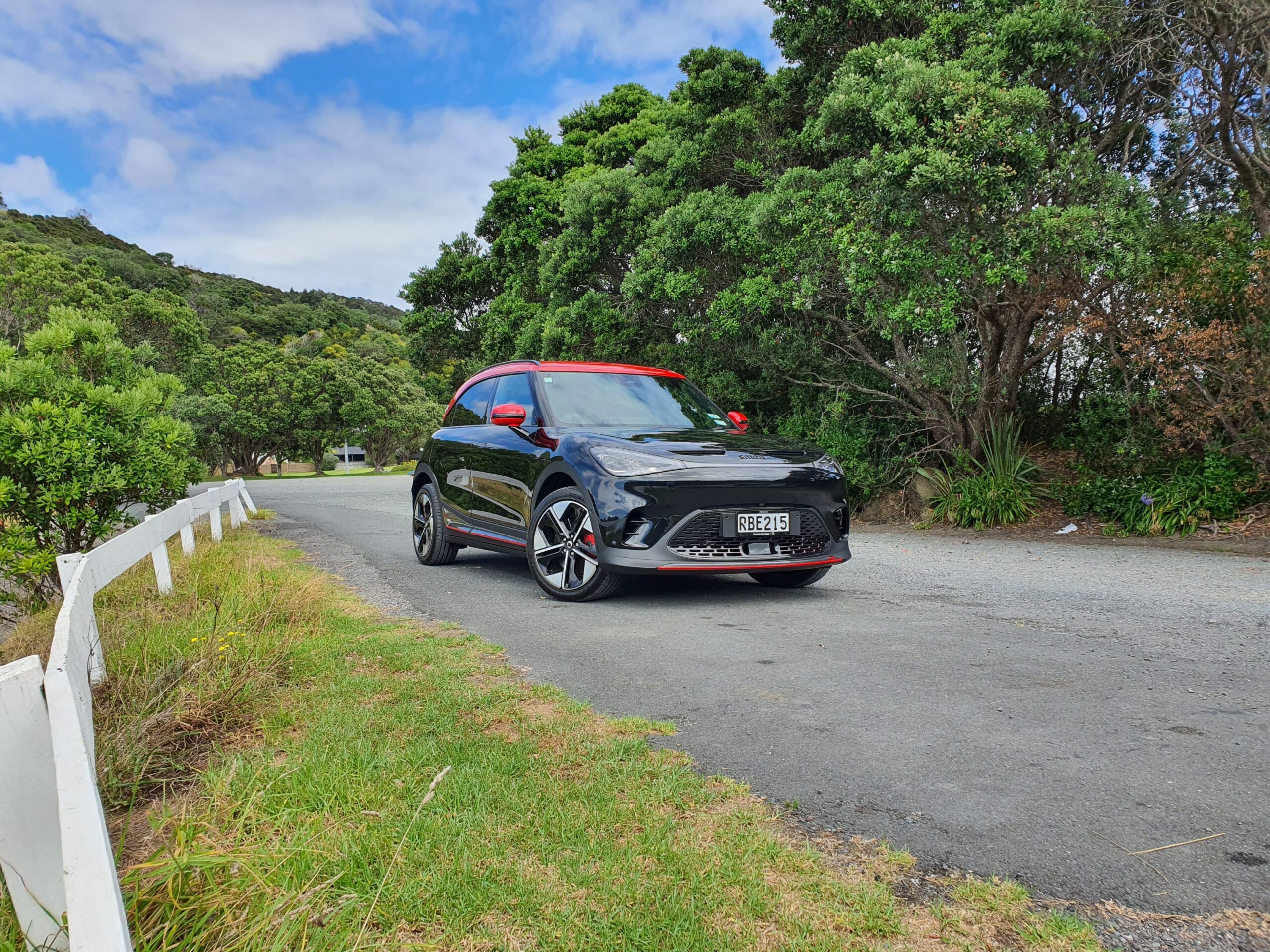 A black smart #1 Brabus pictured with greenery in the background.