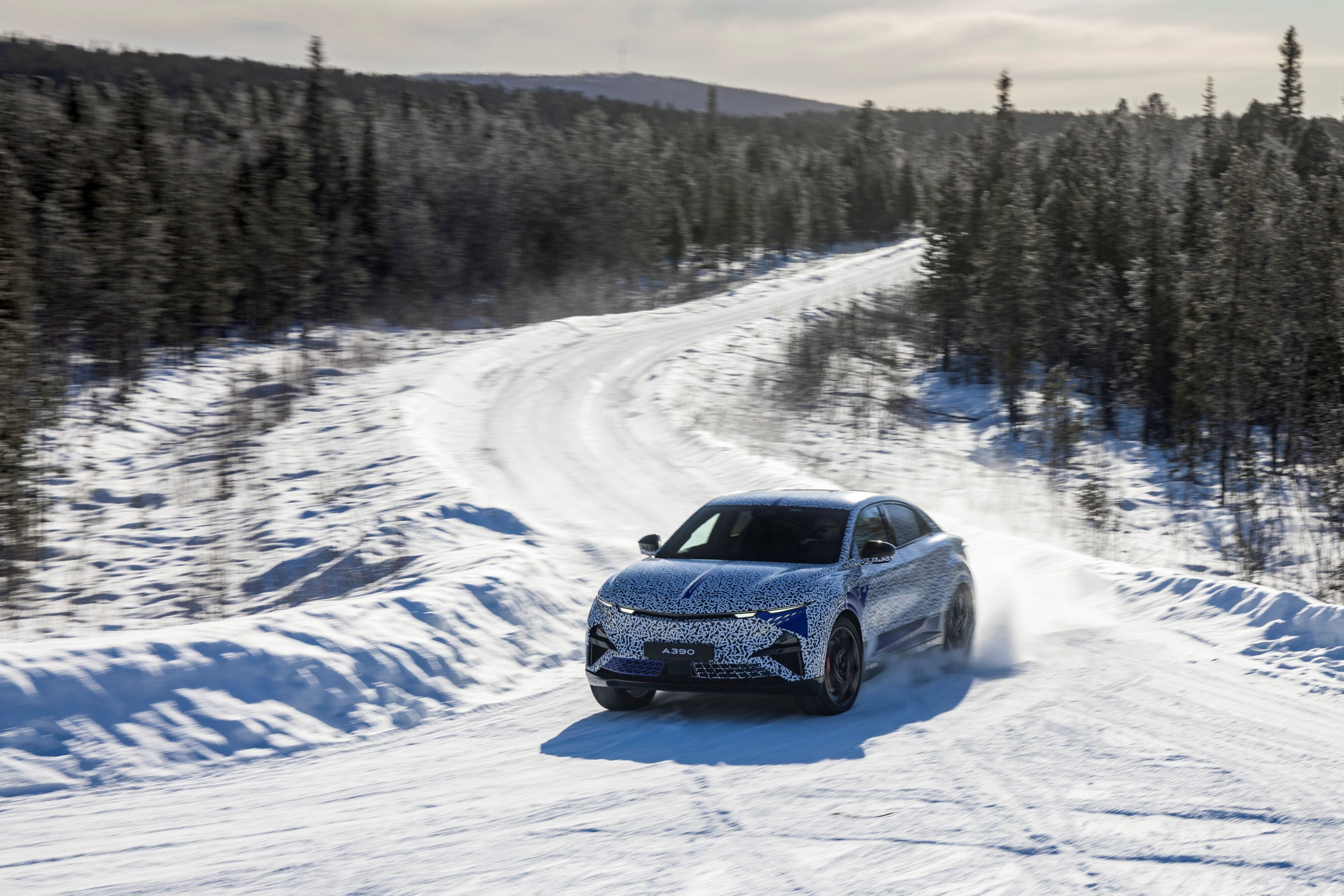 Alpine A390 under camouflage, testing in the Arctic Circle.