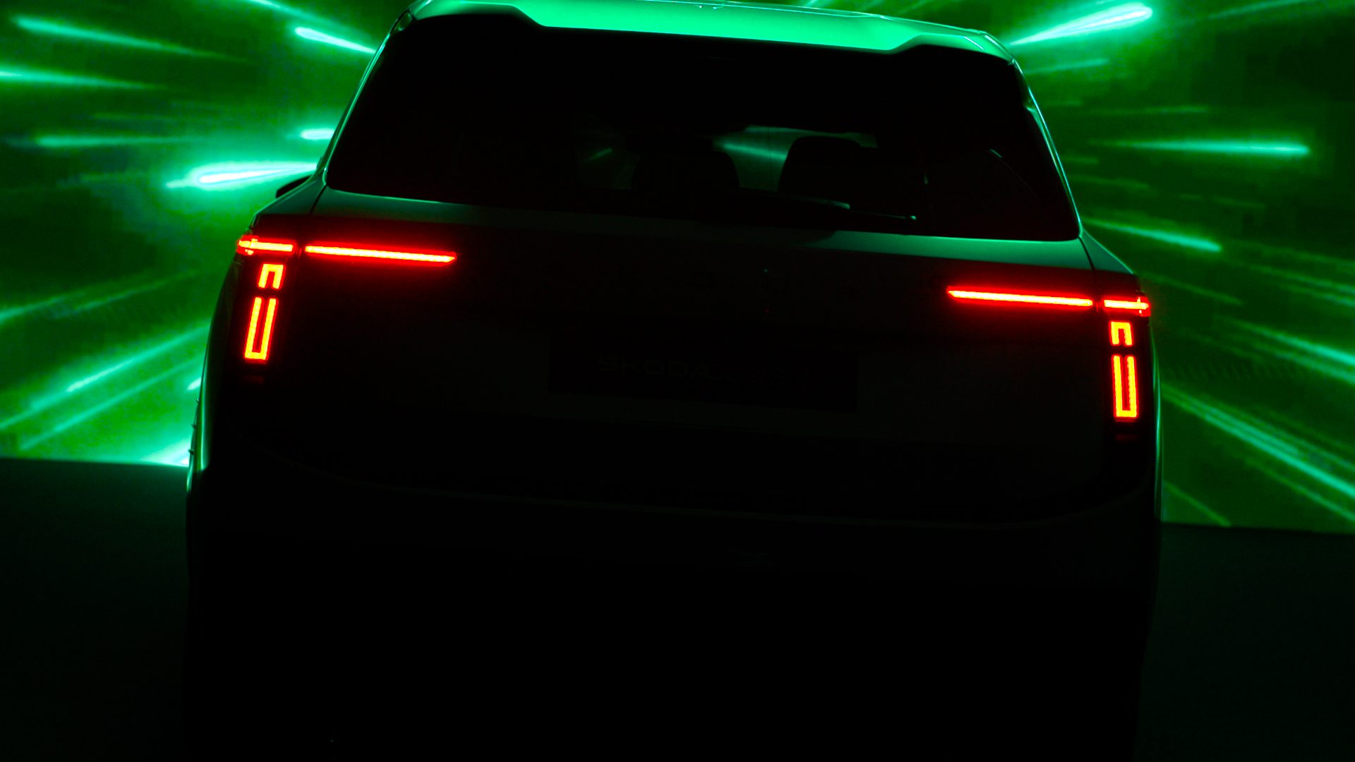 Rear view of the fully electric seven seater Skoda SUV concept.