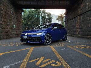 Front three quarters view of a 2025 Volkswagen Golf R Mk8.5.