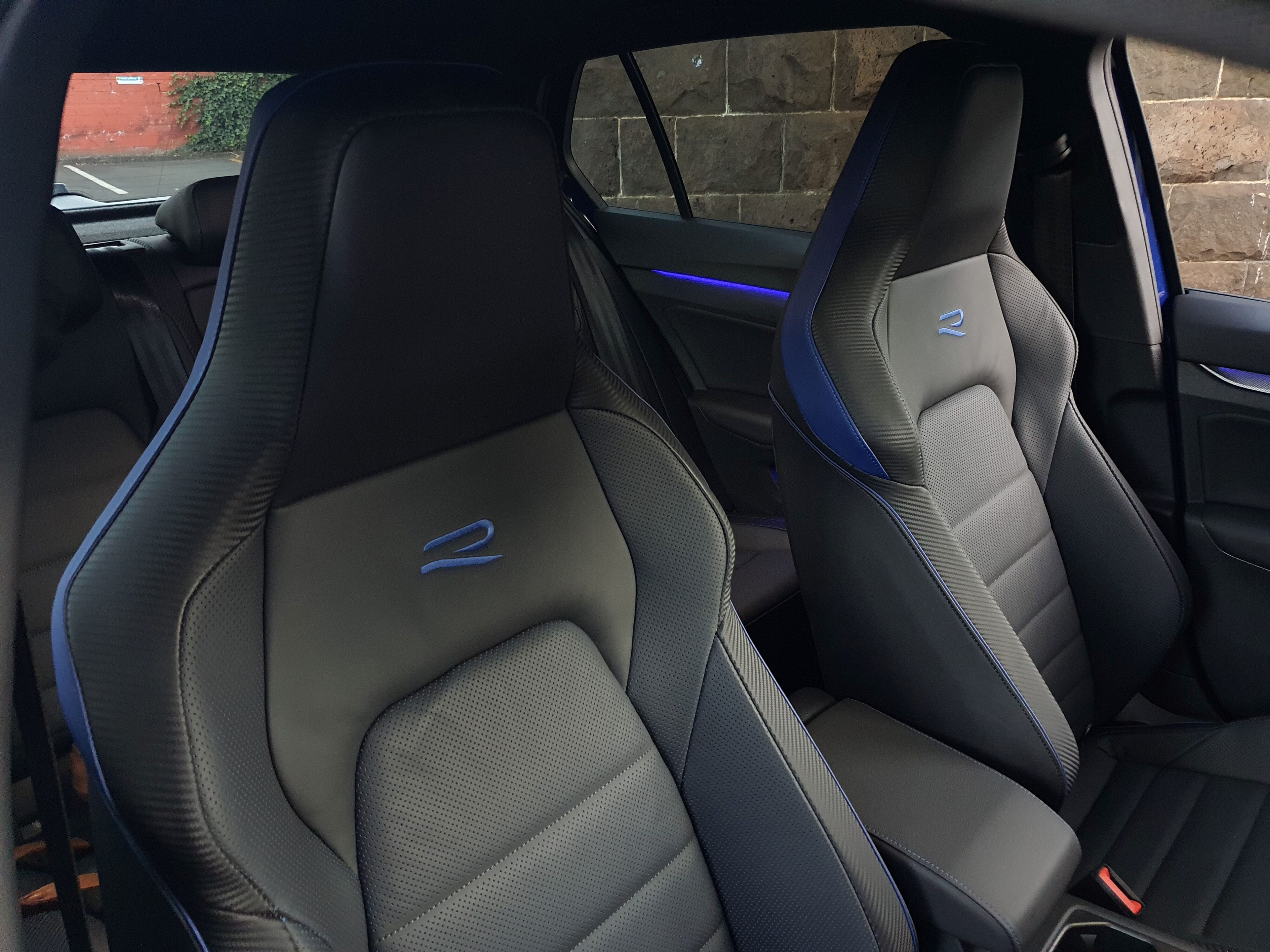 View of the front sports seats on the inside of a 2025 Volkswagen Golf R Mk8.5.