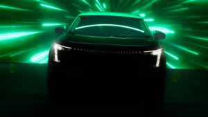 A front view preview of the upcoming Skoda EV 7-seater SUV.