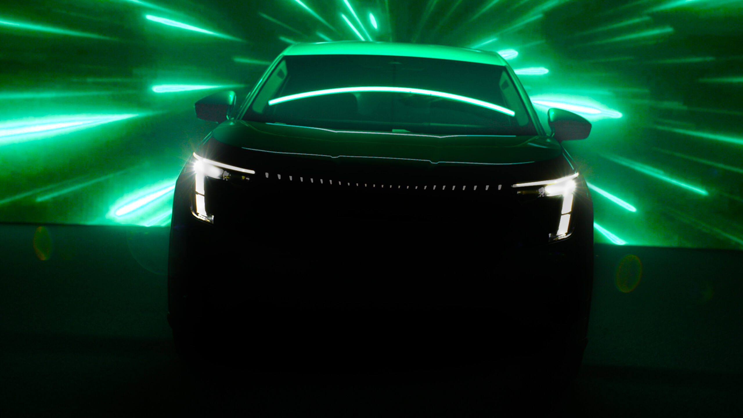 A front view preview of the upcoming Skoda EV 7-seater SUV.