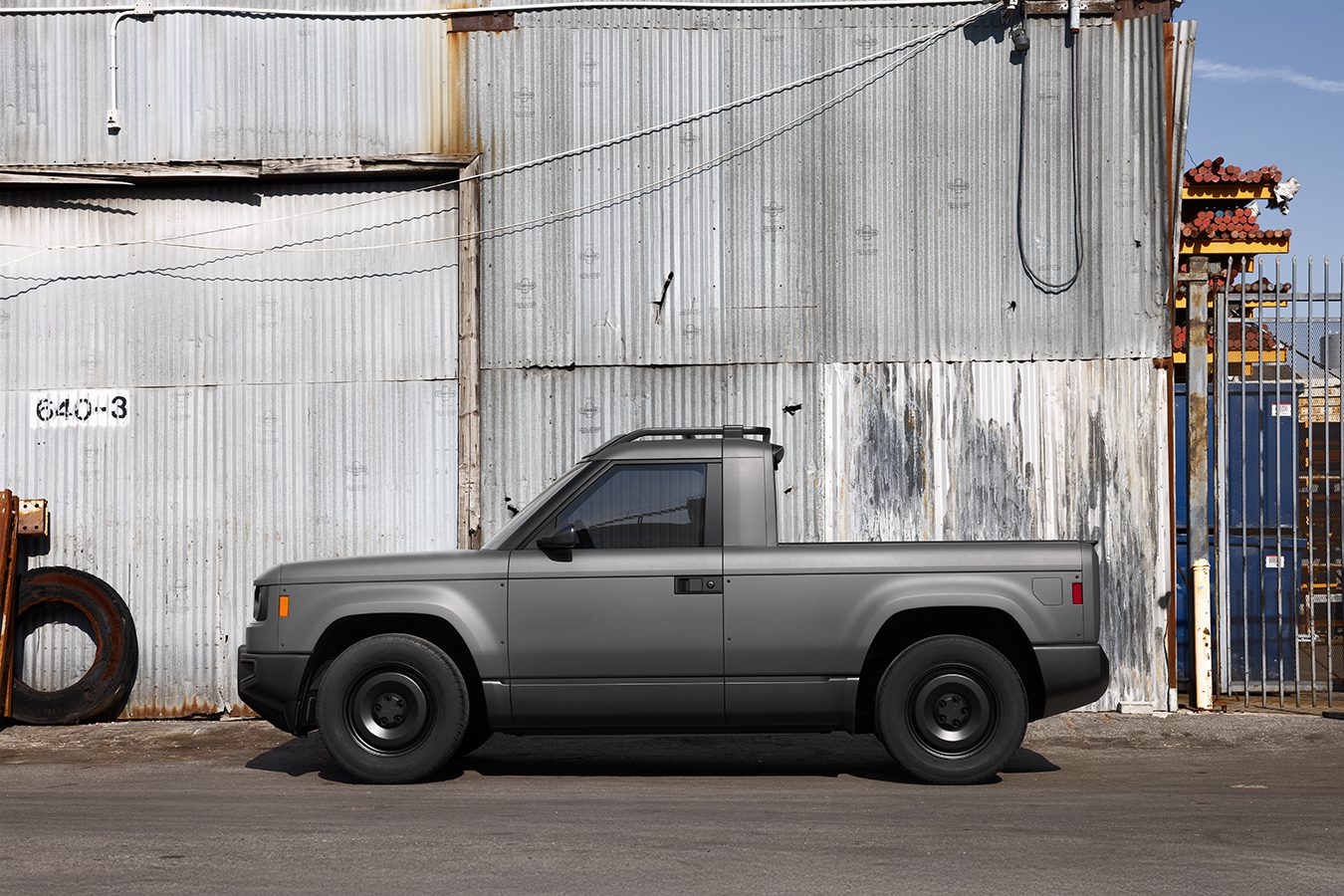 Side view of the Blank Slate two seater EV pickup truck.