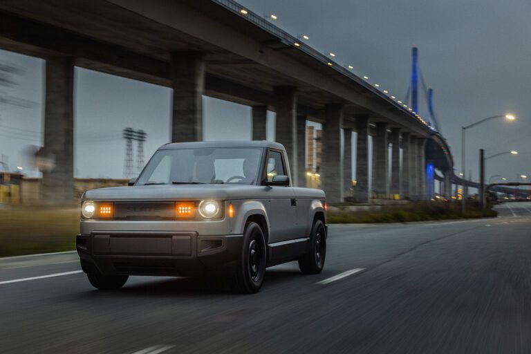 A photo of the Amazon backed Slate EV Truck in motion.