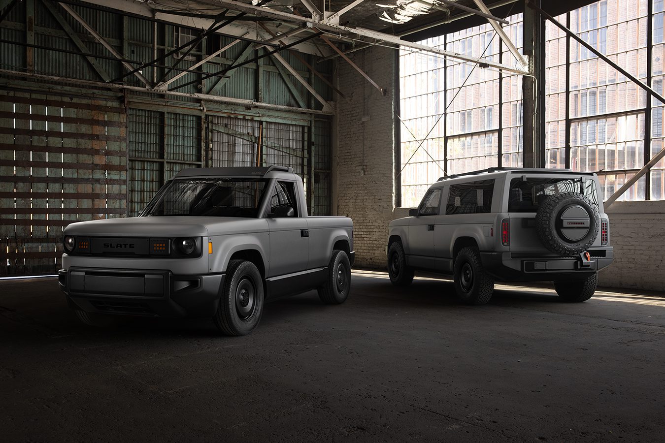 A photo of Blank Slate as an EV pickup and as a five seater SUV.
